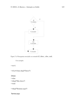 © 2008 L. S. Barreto – Iniciação ao Scilab                             169




                                               F
                                    if
                                 Condição



                                       V

                                Comando




                                  else
                                Comando




                                Comando


Figura 7.6. Fluxograma associado ao comando if...then....else...end.

          Um exemplo:


-->a=1;


-->if a>0 then disp("Chove");


Chove
-->else
-->disp("Não chove")
-->end


-->disp("Termina aqui")


Termina aqui
 