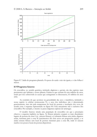 © 2008 L. S. Barreto – Iniciação ao Scilab                                                                                                       209
                                                                                         Fa se ve ge ta ti va

                                              140

                                              120
    g ra ma s d e raiz, ca u le e fo lh a s


                                              100

                                                 80

                                                 60

                                                 40

                                                 20

                                                   0
                                                        0   5        10    15       20           25             30      35   40        45   50
                                                                                                 dias
                                                                                Fa se re p ro d uti va su bsq u e nte

                                                 1 .4

                                                 1 .3

                                                 1 .2
                        G rama s d e seme n te




                                                 1 .1

                                                 1 .0

                                                 0 .9

                                                 0 .8

                                                 0 .7

                                                 0 .6

                                                 0 .5
                                                        0       10        20            30                40            50        60        70

                                                                                                dias



Figura 8.7. Saída do programa plantafu. Os pesos do caule e raiz são iguais, e o das folhas é
menor.

8.9 Programa funcroc
Os crocodilos, no sentido genérico, incluindo aligátores e gaviais, são das espécies mais
persistentes que habitam o nosso planeta. Estima-se que existam há cem milhões de anos,
tendo por isso sobrevivido às causas que extinguiram os dinossauros, 65 milhões de anos
atrás.
        Ao contrário do que acontece na generalidade das aves e mamíferos, incluindo a
nossa espécie (o célebre cromossoma Y), o sexo dos indivíduos não é determinado
geneticamente, mas sim pela temperatura do local de postura e incubação dos ovos, de
acordo com o esquema representado na figura 8.8. Este mecanismo não é exclusivo dos
crocodilos. Por exemplo, o mesmo se passa nalgumas espécies de tartarugas.
        O modelo funcroc simula uma população de crocodilos em que a procriação
observa o esquema implícito na figura. As fêmeas primeiro ocupam os mais abundantes
lugares de postura da zona I (só nascem fêmeas), se sobrarem fêmeas sem ninho, digamos
assim, transitam para a zona II (nascimentos dos dois sexos em proporções iguais), e se
ainda existem fêmeas sem local de postura transitam para a zona III, onde só nascem
machos nos poucos locais de postura disponíveis.
 