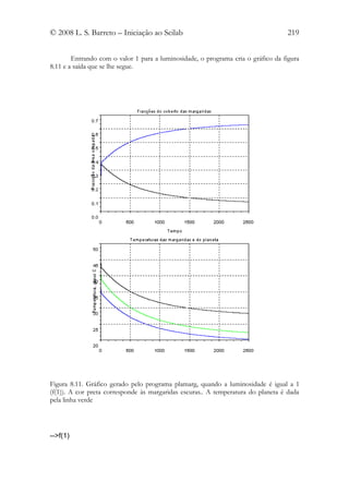 © 2008 L. S. Barreto – Iniciação ao Scilab                                        219


        Entrando com o valor 1 para a luminosidade, o programa cria o gráfico da figura
8.11 e a saída que se lhe segue.




Figura 8.11. Gráfico gerado pelo programa plamarg, quando a luminosidade é igual a 1
(f(1)). A cor preta corresponde às margaridas escuras.. A temperatura do planeta é dada
pela linha verde




-->f(1)
 
