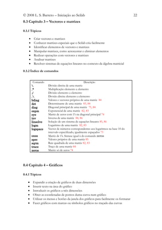 © 2008 L. S. Barreto – Iniciação ao Scilab                                               22
0.3 Capítulo 3 – Vectores e matrizes

0.3.1 Tópicos

    •    Criar vectores e matrizes
    •    Conhecer matrizes especiais que o Scilab cria facilmente
    •    Identificar elementos de vectores e matrizes
    •    Manipular matrizes, como acrescentar e eliminar elementos
    •    Realizar operações com vectores e matrizes
    •    Analisar matrizes
    •    Resolver sistemas de equações lineares no contexto da álgebra matricial

0.3.2 Índice de comandos


         Comando                                     Descrição
                    Divisão direita de uma matriz
        .*           Multiplicação elemento a elemento
        ./           Divisão elemento a elemento
        .           Divisão direita elemento a elemento
        bdiag        Valores e vectores próprios de uma matriz 84
        det          Determinante de uma matriz 83, 84
        diag         Diagonal principal de uma matriz 75, 84
        expm         Exponencial de uma matriz 82, 83
        eye          Matriz de zeros com 1’s na diagonal principal 74
        inv          Inversa de uma matriz 84, 86
        linsolve     Solução de um sistema de equações lineares 85, 86
        logm         Logaritmo de uma matriz 82, 83
        logspace     Vector de números correspondentes aos logaritmos na base 10 do
                     intervalo especificado, igualmente espaçados 73
        ones         Matriz de 1’s. Sintaxe igual à do comando zeros
        spec         Valores próprios de uma matriz 85
        sqrm         Raiz quadrada de uma matriz 82, 83
        trace        Traço de uma matriz 84
        zeros        Matriz só de zeros 74




0.4 Capítulo 4 – Gráficos

0.4.1 Tópicos

   •     Expandir a criação de gráficos de duas dimensões
   •     Inserir texto na área do gráfico
   •     Introduzir os gráficos a três dimensões
   •     Obter as coordenadas de pontos duma curva num gráfico
   •     Utilizar os menus e botões da janela dos gráficos para facilmente os formatar
   •     Fazer gráficos com marcas ou símbolos gráficos no traçado das curvas
 