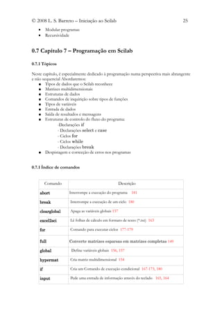 © 2008 L. S. Barreto – Iniciação ao Scilab                                         25
   •      Modular programas
   •      Recursividade


0.7 Capítulo 7 – Programação em Scilab

0.7.1 Tópicos

Neste capítulo, é especialmente dedicado à programação numa perspectiva mais abrangente
e não sequencial Abordaremos:
    ● Tipos de dados que o Scilab reconhece
    ● Matrizes multidimensionais
    ● Estruturas de dados
    ● Comandos de inquirição sobre tipos de funções
    ● Tipos de variáveis
    ● Entrada de dados
    ● Saída de resultados e mensagens
    ● Estruturas de controlo do fluxo do programa:
               -Declarações if
               - Declarações select e case
               - Ciclos for
               - Ciclos while
               - Declarações break
    ● Despistagem e correcção de erros nos programas



0.7.1 Índice de comandos


         Comando                                       Descrição

    abort            Interrompe a execução do programa       181

    break             Interrompe a execução de um ciclo 180

    clearglobal       Apaga as variáveis globais 157

    excel2sci         Lê folhas de cálculo em formato de texto (*.txt) 163

    for               Comando para executar ciclos 177-179

    full             Converte matrizes esparsas em matrizes completas 149

    global            Define variáveis globais 156, 157

    hypermat          Cria matriz multidimensional 154

    if                Cria um Comando de execução condicional 167-173, 180

    input             Pede uma entrada de informação através do teclado 165, 164
 