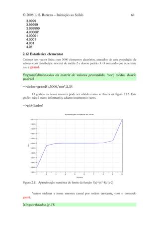 © 2008 L. S. Barreto – Iniciação ao Scilab                                                       64
  3.9999
  3.99999
  3.999999
  4.000001
  4.00001
  4.0001
  4.001
  4.01

2.12 Estatística elementar
Criemos um vector linha com 5000 elementos aleatórios, extraídos de uma população de
valores com distribuição normal de média 2 e desvio padrão 3. O comando que o permite
isto é grand:

Y=grand(dimensoões da matriz de valores pretendida, 'nor', média, desvio
padrão)

-->dados=grand(1,5000,"nor",2,3);

        O gráfico da nossa amostra pode ser obtido como se ilustra na figura 2.12. Este
gráfico não é muito informativo, adiante inseriremos outro.

-->plot(dados)

                                  A p ro xi m a çã o n u m é ri ca d o l i m i te


          4 .0 1 0


          4 .0 0 8


          4 .0 0 6


          4 .0 0 4


          4 .0 0 2


          4 .0 0 0
   f(x)




          3 .9 9 8


          3 .9 9 6


          3 .9 9 4


          3 .9 9 2


          3 .9 9 0


          3 .9 8 8
                     1   2   3    4              5                6             7   8   9   10

                                                     P o n to s


Figura 2.11. Aproximação numérica do limite da função f(x)=(x2-4)/(x-2)


            Vamos ordenar a nossa amostra casual por ordem crescente, com o comando
gsort.

[x]=gsort(dados,'g','i');
 