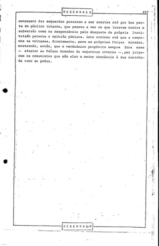 , l :I

    _------                                      [R E S E H V                   1 DO'                                            457·
                                                                                                                                                        '/'
                                                                                                                                                        ),
                                                                                                                                                        :.
                                                                                                                                                        il
      men?agens das esquerdas passaram a ser aceitas até por boa par-                                                                                   I1


                                                                                                                                                        1I
      te do ~úblico interno, que paspOu a ver os que lutavam contra a                                                                         ; :1
                                                                                                                                          "                  !
      subversão como os responsáveis pelo desgaste da própria                                                              Insti-               . I
                                                                                                                                                             I



      tuição perante a opini~o pública. Isto ocorreu até que a campa-
J     nha se volt~sse, diretamente, para as pr6prias Forças                                                       Armadas,
      mostrando, então" que o verdadeiro prop6si to sempre                                                  fora               esse
      -       afastar as Forças Armadas da segurança interna -, por jUl,ga-
      reni os comunistas que são elas o maior obstáculo à sua caminha-
      da rumo ao poder.




                                                                                                                                                    I'




                                                                                                                                                    ,   ,
                                                                                                                                                    I




                                                                                                                                                I

                                                                                                                                               ",




                                                                                                                                                I
                                                                                                                                                I




                                                                                                                                          ,:~
                                                                                                                                      •       "1
                                                                                                                                               ~I


                                                                                                                                                i       i

                                                                                                                                                ,
                                                                                                                                                I



                                                                                                                                               JI
                                                                                                                                                , I




                                                                                          ('




                  .-   _.-._----   ...•..   _-~...   .   "'-'~"'._   ..   _.- ........•-. - ..---.-----.-----.-
                                                                                   ..•.                            .. , ....
                                                                                                                                          - 1
 