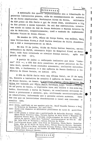 •
                                                                              -    '488
                                .   R E'S E R V A O O   t                                  -
           A motivação dos quatro seqüestradores era a libertação de
  parentes subversivos presos, além do reconhecimento               da     autoria
  de um feito espetacular. Washington Alves da Silva,                    militante
 da ALN preso em são Paulo e pai de Jesse Jane, encabeçava
                              4                                              a liso
                                                                                 _

 ta dos presos a serem trocados. No rol dos subversivos, 'consta-
 vam ainda os nomes de Iná de Souza Medeiros e Marcos Antonio Fa
 ria de Medeiros, respectivamente,          irmã e cunhado do       s~strador          -
 Colombo Vieira de Souza· Júnior.

        Em.mea~os ~e 1970.,.Má:;t;i.o de SOl:1::a
                                               Prata,       SU9,   tRu1J}e~,Mari
 lena Villas-Boas Pinto,e José Carlos Avelino da Silva abandona-
 ram a ALN e incorporaram-se ao MR-8.

       No·dia 15 de julho, Zilda de Paula' Xavier Pereira, ex-co-
 ordenadora da CR/GB, conseguiu fugir do Hospital Pinel em Bota-
 fogo, onde fora internada ao simular doença mental,                  apos        sua
 prisão ef!l
           1969   (21).

       A partir de julho - reforçado inclusive por dois "cuba_
 nos" (22) -, oGTA fez dois assaltos: ao posto policial da Fa-
.vela Azul, quando foram roubados armamento, inclusive metralha-
 dora INA, e fardamento; e a urna agência do Banco Comércio e In-
 dústria de Minas Gerais, no Leblon    (23).

       o   GTA da CR/GB faria mais urna vítima fatal, em 19 de ago~
to, durante a tentativa de assalto ·à ~gência do Banco                Nacional
de Minas ,Gerais, em Ramos. O~~S~!~p~_~~~s~~r   Lúcio Vi~orino d~_
~ilva_foi baleado por Sônia Maria _FeI:'_::J;:eira Caído e sangra!!
                         0---.---- .--       Lima.    .
do na·porta do banco, o vigilante teve seu coldre e sua arma ro~
bados. Constatada a morte de Vagner, os assaltantes                entraram no
banco e procuraram o gerente, que, utilizando umestratagem~não
se identificou,' informando que o gerente estava ausente.   Isto
fez com que os terroristas abandonassem o local sem consumar   o
aS,sal o. (24).
     t                                             c



(21)  Zilda, auxiliada em sua manobra pelo Dr. Iberê Brandão Fonseca e Rosi
      ta Teixeira de Hendonça, foi para Cuba •.
(22) Assim eram chamados os militantes possuidores de curso de guerrilhas
     em Cuba.
(23) O GTA passou a contar com a participação de Reinaldo Guarany    Simões,
     Sõnia Maria Ferreira Lima, Viriato Xavier de Melo Filho e Benjamin de
     Oliveira Torres Neto, os últimos recém-chegados do curso em Cuba. No
     início de agosto, mais dois "cubanos" incorporaram-se ao GTA da     CRI
     Gil: Isis Dias de Oliveira c Gilson Ribeiro da Silva.
(24) Participaram dessa ação: Isis Dias de Oliveir~" Sõnia Maria Ferreira
     Lima, Aldo de sá Brito de Souza Neto, Hélcio Pereira Fortes, Benjamin
     Torres de Oliveira Neto, Reinaldo Guarany Simões, Otoni Guimarães FeE,                    '.
     nnndes Júnior c mais os nlilitantes do PCBR Getúlio de Oliveira Cabral
     c Francisco Roberval Mendes.


                           [R E S E R VA~
                                                            '.
 