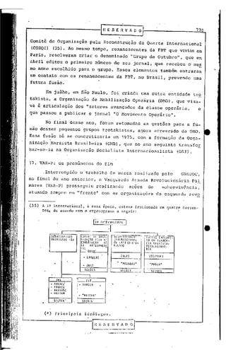 730

Comitê de Organização                                  pela Reconstrução                                          da Quarta          Internacional
(CORQI)              (35). Ao mesmo tempo, remanescentes                                                               da FBT que viviam em
Paris, resolveram                         criar. o denominado                                            "Grupo de Outubro",                    que em
abril editou o primeiro                                       número de seu jornal, que recebeu                                                  ':me~
mo nome escolhido                         para o grupo. Esses elementos                                                           também entraram
em contato com os remanescentes                                                           da FBT, no Brasil,                             prevendo    uma
futura fusão.

          Em julho, em são Paulo,                                                 foi criada uma outra entidade                                      tro
tskista, a Organização                                   de Mobilização                                     Operária             (OMO), que visa-
va   u   articulação                     dos "setores                             avançados                   da classe operária,                        e
que passou a publicar                               o jornal                            "O Movimento                   Operário".

          No final desse ano, foram retomadas                                                                      as gestões             para a fu-
sao desses· pequenos                         grupos trotskistas,                                              agora acrescido                  da aMO.
Essa fusão                  50   se concretizaria                                   em 1975,                  com a formação                 da Orga-
nização Mar~ista                         Brasileira                         (OMB), que no ano seguinte                                        transfor
mar~se-ia               na Organização                          Socialista                              Internacionalista                   (OS1).


17. VAR-P: os prenúncios                                        do fim

         .Interrompido o trabalho                                             de massa realizado                                  pelo        GRUJOC,
no final do ano anterior, a Vanguarda Armada Revolucionãria Pa!
                   .                                          .
mares (VAR-P) prosseguiu reaiizando' açoes  de   sobrcviv8ncia,
atuando sempre em "frente"                                           com as organizações                                     da esquerda            revo


(35) A.IV Internaci6nal)     i essa ~poca, estava fracionada                                                                      em quatro    corren-
         tcs~ de aco~do com o organograma a s0guir:

                                                          J   IV     [/I1[IWAC~


                                                                             ·1                                      --]
                    SEtR[   TAl: lADO      COI·lIH        úí:     ORGA·           'S'[cnTT,T~TAéJO           -     CO~jTiT ExTêü('T:"
                    UNifICADO      ~SU     IllZf.ÇAO          !'ELA R[                  I1ITEfW,iC I O:lfll          '0 OU TEllOEu-
                                           CONSTRUÇAO                  DA               OU LA 11 riO-MIE-            CIA ~1"'X r STA-
                                           IV          INI[/lNACIO                      RICAr;o                      RE'DLUCIOlill-
                                           IIAL                         -                                            RIA
                                                       ORqJ
                                                                                                (SlA)                  (CUHIR)
                                             - lAHaERT

                                             - JUST
                                                                                           -    ·POSADAS"              "PABLO"

                                                  SEÇO[s                          .----
                                                                                      S[ÇO[S                             $([0[$
                                                                                  ~--



                        Hll
                .,. ~IAf:O(~
                -     fRAliCK
                - I:RIVl1J(
                -     ~:AITAN
                                          - "t10/l(/i0·
                      Sf O(S'               SE     O[S



          (*)          principnis                 idcólo~9s                  •
                                                   .
                                                   -IH--_._-~      E S E H V 1 1J ~
                                                                            .._ ..•- •.        -_ ...•
 