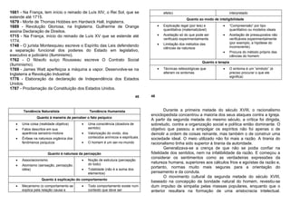 1661 - Na França, tem início o reinado de Luís XIV, o Rei Sol, que se                        efeito)                                      interpretado
estende até 1715.                                                                                           Quanto ao modo de inteligibilidade
1679 - Morte de Thomas Hobbes em Hardwick Hall, Inglaterra.
1689 - Revolução Gloriosa, na Inglaterra. Guilherme de Orange                            •   Explicação legal (por leis) e         •      “Compreensão” por tipo
                                                                                             quantitativa (matematizável)                 quantitativo ou modelos ideais
assina Declaração de Direitos.
1715 - Na França, início do reinado de Luís XV que se estende até                        •   Aceitação só do que pode ser          •      Aceitação de pressupostos não
                                                                                             verificado experimentalmente                 verificáveis experimentalmente
1774.                                                                                                                                     (por exemplo, a hipótese do
1748 - O jurista Montesquieu escreve o Espírito das Leis defendendo                      •   Limitação dos métodos das
                                                                                             ciências da natureza                         inconsciente).
a separação funcional dos poderes do Estado em legislativo,                                                                        •      Procura do método próprio das
executivo e judiciário (Iluminismo).                                                                                                      ciências do homem
1762 - O filósofo suíço Rousseau escreve O Contrato Social
                                                                                                                       Quanto à terapia
(Iluminismo).
1769 - James Watt aperfeiçoa a máquina a vapor. Desenvolve-se na                         •   Técnicas retlexológicas que           •      O sintoma é um “símbolo” (é
Inglaterra a Revolução Industrial.                                                           alteram os sintomas                          preciso procurar o que ele
                                                                                                                                          significa)
1776 - Elaboração da declaração de Independência dos Estados
Unidos.
1787 - Proclamação da Constituição dos Estados Unidos.
                                                                               45   46



       Tendência Naturalista                    Tendência Humanista                         Durante a primeira metade do século XVIII, o racionalismo
                                                                                    enciclopedista concentrou a maioria dos seus ataques contra a Igreja.
                Quanto à maneira de perceber o fato psíquico
                                                                                    A partir da segunda metade do mesmo século, a crítica foi dirigida,
   •   Uma coisa (realidade objetiva)       •   Uma consciência (doadora de         sobretudo, contra a organização social e política então dominante. O
   •   Fatos descritos em sua                   sentido)                            objetivo que passou a empolgar os espíritos não foi apenas o de
       aparência sensório-motora            •   Valorização do vivido, dos          demolir a ordem de coisas reinante, mas também o de construir uma
   •   Ênfase na natureza orgânica dos          conteúdos anímicos e espirituais.   sociedade ideal. O meio utilizado não foi mais a razão. A tirania do
       fenômenos psíquicos                  •   O homem é um ser-no-mundo           racionalismo tinha sido superior à tirania da autoridade.
                                                                                            Generalizava-se a crença de que não se podia confiar na
                         Quanto à natureza da percepção                             fidelidade dos sentidos, nem na infalibilidade da razão. E começou a
                                                                                    considerar os sentimentos como as verdadeiras expressões da
   •   Associacionismo                      •   Noção de estrutura (percepção
                                                do todo)                            natureza humana, superiores aos cálculos frios e egoístas da razão e,
   •   Atomismo (sensação, percepção,
                                            •   Totalidade (não é a soma dos
                                                                                    portanto, normas muito mais seguras para a orientação do
       idéia)
                                                elementos)                          pensamento e da conduta.
                                                                                            O movimento cultural da segunda metade do século XVIII,
                   Quanto à explicação do comportamento
                                                                                    baseado na concepção da bondade natural do homem, revestiu-se
   •   Mecanismo (o comportamento se        •   Todo comportamento existe num       dum impulso de simpatia pelas massas populares, enquanto que o
       explica pela relação causa e             contexto que deve ser               anterior resultara na formação de uma aristocracia intelectual.
 