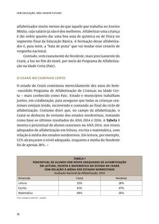 18
sem educação, não haverá futuro
alfabetizador muito menos do que àquele que trabalha no Ensino
Médio, cujo salário já não é dos melhores. Alfabetizar uma criança
é tão nobre quanto dar uma boa aula de química ou de física no
segmento final da Educação Básica. A formação desse alfabetiza-
dor é, para mim, a “bala de prata” que vai mudar esse cenário de
vergonha nacional.
Contudo, vem exatamente do Nordeste, mais precisamente do
Ceará, a luz no fim do túnel, por meio do Programa de Alfabetiza-
ção na Idade Certa (Paic).
O CEARÁ NO CAMINHO CERTO
O estado do Ceará comemora merecidamente dez anos do bem-
-sucedido Programa de Alfabetização de Crianças na Idade Cer-
ta – mais conhecido como Paic. Estado e municípios trabalham
juntos, em colaboração, para assegurar que todas as crianças cea-
renses estejam lendo, escrevendo e contando ao final do ciclo de
alfabetização. Costumo dizer que, no campo da alfabetização, o
Ceará se deslocou do restante dos estados nordestinos, tomando
como base os últimos resultados do ANA 2014 e 2016. A Tabela 1
mostra o percentual de alunos cearenses no ANA 2014, nos níveis
adequados de alfabetização em leitura, escrita e matemática, com
relação à média dos estados nordestinos. Em leitura, por exemplo,
52% alcançaram o nível adequado, enquanto a média do Nordeste
foi de apenas 28%. ›
TABELA 1
PERCENTUAL DE ALUNOS COM NÍVEIS ADEQUADOS DE ALFABETIZAÇÃO
EM LEITURA, ESCRITA E MATEMÁTICA NO ESTADO DO CEARÁ
COM RELAÇÃO À MÉDIA DOS ESTADOS NORDESTINOS
Avaliação Nacional da Alfabetização, 2014
Dimensão Ceará Nordeste
Leitura 52% 28%
Escrita 61% 47%
Matemática 48% 26%
Fonte: resultados do ANA/2014 – Inep/MEC.
 