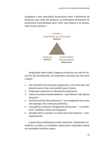 49
o que o pisa e cingapura nos ensinam
Cingapura é uma articulação harmoniosa entre o Ministério da
Educação, que cuida das políticas; as instituições formadoras de
professores (com destaque para o NIE), que prepara; e as escolas,
onde ocorre a prática. ›
Perguntado sobre como Cingapura construiu sua rede de en-
sino de alto desempenho, ele respondeu com base nos seis eixos
a seguir.
1.	 Um Ministério da Educação progressista, uma Educação não
somente para o hoje, mas também para o futuro.
2.	 Preparação responsiva e relevante de professores.
3.	 Líderes escolares transformadores – para liderar e não apenas
para gerir.
4.	 Profissionalismo dos professores – ver o magistério não como
um emprego, mas como uma profissão.
5.	 Uma política nacional “dirigida por professores” – os profes-
sores “moldam o futuro de Cingapura”.
6.	 Sinergia entre as escolas e as redes de Ensino Superior – tran-
sição perfeita.
A partir desse alinhamento entre ministério, instituições for-
madoras e escolas, os resultados educacionais esperados podem
ser resumidos conforme segue:
FIGURA 2
MINISTÉRIO DA EDUCAÇÃO
(Políticas)
ESCOLAS
(Práticas)
INSTITUIÇÕES
FORMADORAS
(Preparações)
 