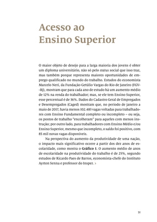 51
Acesso ao
Ensino Superior
O maior objeto de desejo para a larga maioria dos jovens é obter
um diploma universitário, não só pelo status social que isso traz,
mas também porque representa maiores oportunidades de em-
prego qualificado no mundo do trabalho. Estudos do economista
Marcelo Neri, da Fundação Getúlio Vargas do Rio de Janeiro (FGV-
-RJ), mostram que para cada ano de estudo há um aumento médio
de 12% na renda do trabalhador; mas, se ele tem Ensino Superior,
esse percentual é de 36%. Dados do Cadastro Geral de Empregados
e Desempregados (Caged) mostram que, no período de janeiro a
maio de 2017, havia menos 102.483 vagas voltadas para trabalhado-
res com Ensino Fundamental completo ou incompleto – ou seja,
os postos de trabalho “encolheram” para aqueles com menos ins-
trução; por outro lado, para trabalhadores com Ensino Médio e/ou
Ensino Superior, mesmo que incompleto, o saldo foi positivo, com
85 mil novas vagas disponíveis.
Na perspectiva do aumento da produtividade de uma nação,
o impacto mais significativo ocorre a partir dos dez anos de es-
colaridade, como mostra o Gráfico 1. O aumento médio de anos
de escolaridade na produtividade do trabalho é de 25%, segundo
estudos de Ricardo Paes de Barros, economista-chefe do Instituto
Ayrton Senna e professor do Insper. ›
 