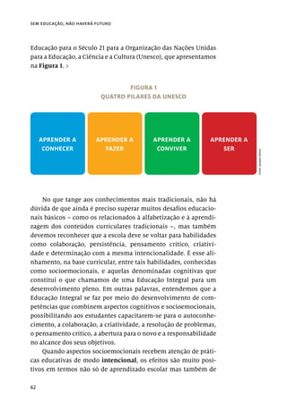 62
sem educação, não haverá futuro
Educação para o Século 21 para a Organização das Nações Unidas
para a Educação, a Ciência e a Cultura (Unesco), que apresentamos
na Figura 1. ›
No que tange aos conhecimentos mais tradicionais, não há
dúvida de que ainda é preciso superar muitos desafios educacio-
nais básicos – como os relacionados à alfabetização e à aprendi-
zagem dos conteúdos curriculares tradicionais –, mas também
devemos reconhecer que a escola deve se voltar para habilidades
como colaboração, persistência, pensamento crítico, criativi-
dade e determinação com a mesma intencionalidade. É esse ali-
nhamento, na base curricular, entre tais habilidades, conhecidas
como socioemocionais, e aquelas denominadas cognitivas que
constitui o que chamamos de uma Educação Integral para um
desenvolvimento pleno. Em outras palavras, entendemos que a
Educação Integral se faz por meio do desenvolvimento de com-
petências que combinem aspectos cognitivos e socioemocionais,
possibilitando aos estudantes capacitarem-se para o autoconhe-
cimento, a colaboração, a criatividade, a resolução de problemas,
o pensamento crítico, a abertura para o novo e a responsabilidade
no alcance dos seus objetivos.
Quando aspectos socioemocionais recebem atenção de práti-
cas educativas de modo intencional, os efeitos são muito posi-
tivos em termos não só de aprendizado escolar mas também de
FIGURA 1
QUATRO PILARES DA UNESCO
Fonte:
Jacques
Delors.
APRENDER A
CONHECER
APRENDER A
FAZER
APRENDER A
CONVIVER
APRENDER A
SER
 