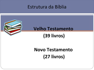 Estrutura da Bíblia



  Velho Testamento
      (39 livros)

   Novo Testamento
      (27 livros)
 