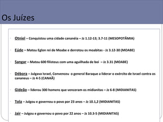 Os Juízes

  -   Otniel – Conquistou uma cidade cananéia – Jz 1.12-13; 3.7-11 (MESOPOTÃMIA)

  -   Eúde – Matou Eglon rei de Moabe e derrotou os moabitas - Jz 3.12-30 (MOABE)

  -   Sangar – Matou 600 filisteus com uma aguilhada de boi – Jz 3.31 (MOABE)

  -   Débora – Julgava Israel, Convenceu o general Baraque a liderar o exército de Israel contra os
      cananeus – Jz 4-5 (CANAÃ)


  -   Gideão – liderou 300 homens que venceram os midianitas – Jz 6-8 (MIDIANITAS)

  -   Tola – Julgou e governou o povo por 23 anos – Jz 10.1,2 (MIDIANITAS)

  -   Jair – Julgou e governou o povo por 22 anos – Jz 10.3-5 (MIDIANITAS)
 