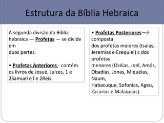 Estrutura da Bíblia Hebraica
A segunda divisão da Bíblia       • Profetas Posteriores—é
hebraica — Profetas — se divide   composta
em                                dos profetas maiores (Isaías,
duas partes.                      Jeremias e Ezequiel) c dos
                                  profetas
• Profetas Anteriores - contém    menores (Oséias, Joel, Amós,
os livros de Josué, Juízes, 1 e   Obadias, Jonas, Miquéias,
2Samuel e l e 2Reis.              Naum,
                                  Habacuque, Sofonias, Ageu,
                                  Zacarias e Malaquias).
 