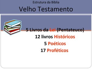Estrutura da Bíblia

Velho Testamento

  5 Livros da Lei (Pentateuco)
       12 livros Históricos
            5 Poéticos
 ...
