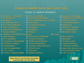SINAL VERDESINAL VERDEFrancisco Cândido Xavier (por André Luiz)
Sinal Verde – EmmanuelSinal Verde – Emmanuel 17.17. Dever e trabalhoDever e trabalho 34.34. Sugestões no caminhoSugestões no caminho
1.1. Ao levantar-seAo levantar-se 18.18. Em torno da profissãoEm torno da profissão 35.35. Indagações no CotidianoIndagações no Cotidiano
2.2. SaudaçõesSaudações 19.19. Nos compromissos do trabalhoNos compromissos do trabalho 36.36. Temas da críticaTemas da crítica
3.3. Nos domínios da vozNos domínios da voz 20.20. ObstáculosObstáculos 37.37. Em matéria afetivaEm matéria afetiva
4.4. No recinto domésticoNo recinto doméstico 21.21. Assuntos do tempoAssuntos do tempo 38.38. SeparaçõesSeparações
5.5. Entre os cônjugesEntre os cônjuges 22.22. PerguntasPerguntas 39.39. Questões a meditarQuestões a meditar
6.6. Experiência domésticaExperiência doméstica 23.23. MelindresMelindres 40.40. CorrespondênciaCorrespondência
7.7. Parentes difíceisParentes difíceis 24.24. DesejosDesejos 41.41. Reuniões sociaisReuniões sociais
8.8. Ambiente caseiroAmbiente caseiro25.25. PreocupaçõesPreocupações 42.42. FestasFestas
9.9. ApresentaçõesApresentações 26.26. Em torno da felicidadeEm torno da felicidade 43.43. DivergênciasDivergências
10.10. Na via públicaNa via pública 27.27. Perante os outrosPerante os outros 44.44. HóspedesHóspedes
11.11. Comércio e intercâmbioComércio e intercâmbio 28.28. Modos desagradáveisModos desagradáveis 45.45. Perante o sexoPerante o sexo
12.12. Perante os amigosPerante os amigos 29.29. Temas inoportunosTemas inoportunos 46.46. Visitas fraternasVisitas fraternas
13.13. AntagonistasAntagonistas 30.30. Auxílios sempre possíveisAuxílios sempre possíveis 47.47. Visitação a doentesVisitação a doentes
14.14. Ante os pequeninosAnte os pequeninos 31.31. Notas brevesNotas breves 48.48. Imprevistos durante visitasImprevistos durante visitas
15.15. Ver e ouvirVer e ouvir 32.32. PresentesPresentes 19.19. Na assistência socialNa assistência social
16.16. Chefia e subalternidadeChefia e subalternidade 33.33. Hábitos infelizesHábitos infelizes 50.50. Ante a oraçãoAnte a oração
SAIR
(clique no capítulo desejado)
Esta obra é um livreto de bolsoEsta obra é um livreto de bolso
encontrado em livrariasencontrado em livrarias
 