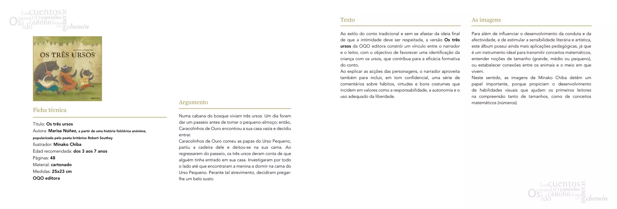 Texto                                                            As imagens

                                                                                                                                 Ao estilo do conto tradicional e sem se afastar da ideia final   Para além de influenciar o desenvolvimento da conduta e da
                                                                                                                                 de que a intimidade deve ser respeitada, a versão Os três        afectividade, e de estimular a sensibilidade literária e artística,
                                                                                                                                 ursos da OQO editora constrói um vínculo entre o narrador        este álbum possui ainda mais aplicações pedagógicas, já que
                                                                                                                                 e o leitor, com o objectivo de favorecer uma identificação da    é um instrumento ideal para transmitir conceitos matemáticos,
                                                                                                                                 criança com os ursos, que contribua para a eficácia formativa    entender noções de tamanho (grande, médio ou pequeno),
                                                                                                                                 do conto.                                                        ou estabelecer conexões entre os animais e o meio em que
                                                                                                                                 Ao explicar as acções das personagens, o narrador aproveita      vivem.
                                                                                                                                 também para incluir, em tom confidencial, uma série de           Neste sentido, as imagens de Minako Chiba detêm um
                                                                                                                                 comentários sobre hábitos, virtudes e bons costumes que          papel importante, porque propiciam o desenvolvimento
                                                                                                                                 incidem em valores como a responsabilidade, a autonomia e o      de habilidades visuais que ajudam os primeiros leitores
                                                                                                                                 uso adequado da liberdade.                                       na compreensão tanto de tamanhos, como de conceitos
                                                                     Argumento                                                                                                                    matemáticos (números).
Ficha técnica
                                                                     Numa cabana do bosque viviam três ursos. Um dia foram
Título: Os três ursos                                                dar um passeio antes de tomar o pequeno-almoço; então,
                                                                     Caracolinhos de Ouro encontrou a sua casa vazia e decidiu
Autora: Marisa Núñez, a partir de uma história folclórica anónima,
                                                                     entrar.
popularizada pelo poeta britânico Robert Southey
                                                                     Caracolinhos de Ouro comeu as papas do Urso Pequeno,
Ilustrador: Minako Chiba
                                                                     partiu a cadeira dele e deitou-se na sua cama. Ao
Edad recomendada: dos 3 aos 7 anos
                                                                     regressarem do passeio, os três ursos deram conta de que
Páginas: 48                                                          alguém tinha entrado em sua casa. Investigaram por todo
Material: cartonado                                                  o lado até que encontraram a menina a dormir na cama do
Medidas: 25x23 cm                                                    Urso Pequeno. Perante tal atrevimento, decidiram pregar-
OQO editora                                                          lhe um belo susto.
 