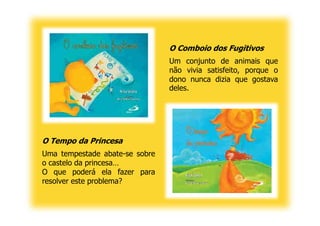 O Comboio dos Fugitivos
                                Um conjunto de animais que
                                não vivia satisfeito, porque o
                                dono nunca dizia que gostava
                                deles.




O Tempo da Princesa
Uma tempestade abate-se sobre
o castelo da princesa…
O que poderá ela fazer para
resolver este problema?
 