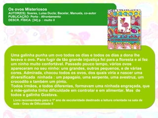 Os ovos Misteriosos  AUTOR(ES): Soares, Luísa Ducla; Bacelar, Manuela, co-autor PUBLICAÇÃO: Porto : Afrontamento DESCR. FÍSICA: [34] p. : muito il Uma galinha punha um ovo todos os dias e todos os dias a dona lhe levava o ovo. Para fugir de tão grande injustiça foi para a floresta e aí fez um ninho muito confortável. Passado pouco tempo, vários ovos apareceram no seu ninho: uns grandes, outros pequenos, e de várias cores. Admirada, chocou todos os ovos, dos quais viria a nascer uma diversificada  ninhada : um papagaio, uma serpente, uma avestruz, um crocodilo e também um pinto.  Todos irmãos, e todos diferentes, formavam uma ninhada engraçada, que a mãe-galinha tinha dificuldade em controlar e em alimentar. Mas  de todos a galinha Gostava.  Livro recomendado para o 1º ano de escolaridade destinado a leitura orientada na sala de aula - Grau de Dificuldade II  