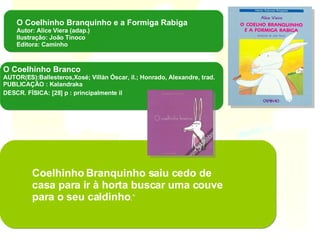 O Coelhinho Branquinho e a Formiga Rabiga Autor: Alice Viera (adap.) Ilustração: João Tinoco Editora: Caminho O Coelhinho Branco   AUTOR(ES):Ballesteros,Xosé; Villán Óscar, il.; Honrado, Alexandre, trad. PUBLICAÇÃO : Kalandraka DESCR. FÍSICA: [28] p : principalmente il   Coelhinho Branquinho saiu cedo de casa para ir à horta buscar uma couve para o seu caldinho .”  