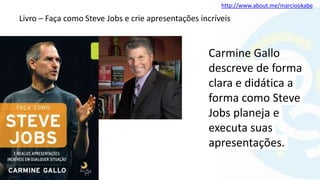 http://www.about.me/marciookabe
Livro – Faça como Steve Jobs e crie apresentações incríveis
Carmine Gallo
descreve de forma
clara e didática a
forma como Steve
Jobs planeja e
executa suas
apresentações.
 