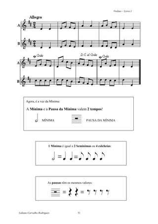 Violino – Livro 1
Lidiane Carvalho Rodrigues 31
Agora, é a vez da Mínima:
A Mínima e a Pausa da Mínima valem 2 tempos!
MÍNIMA PAUSA DA MÍNIMA
1 Mínima é igual a 2 Semínimas ou 4 colcheias:
As pausas têm os mesmos valores:
 
