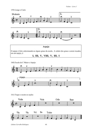 Violino – Livro 1
Lidiane Carvalho Rodrigues 60
159) Longo e Curto
Arpejo
O arpejo é feito selecionando-se alguns graus da escala.. A ordem dos graus a serem tocados,
em um arpejo, é:
I, III, V, VIII, V, III, I
160) Escala de C Maior e Arpejo:
161) Toque e escute as seções
 