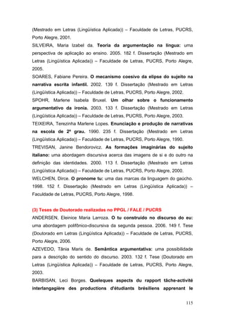 (Mestrado em Letras (Lingüística Aplicada)) – Faculdade de Letras, PUCRS,
Porto Alegre, 2001.
SILVEIRA, Maria Izabel da. Teoria da argumentação na língua: uma
perspectiva de aplicação ao ensino. 2005. 182 f. Dissertação (Mestrado em
Letras (Lingüística Aplicada)) – Faculdade de Letras, PUCRS, Porto Alegre,
2005.
SOARES, Fabiane Pereira. O mecanismo coesivo da elipse do sujeito na
narrativa escrita infantil. 2002. 139 f. Dissertação (Mestrado em Letras
(Lingüística Aplicada)) – Faculdade de Letras, PUCRS, Porto Alegre, 2002.
SPOHR, Marlene Isabela Bruxel. Um olhar sobre o funcionamento
argumentativo da ironia. 2003. 133 f. Dissertação (Mestrado em Letras
(Lingüística Aplicada)) – Faculdade de Letras, PUCRS, Porto Alegre, 2003.
TEIXEIRA, Terezinha Marlene Lopes. Enunciação e produção de narrativas
na escola de 2º grau. 1990. 235 f. Dissertação (Mestrado em Letras
(Lingüística Aplicada)) – Faculdade de Letras, PUCRS, Porto Alegre, 1990.
TREVISAN, Janine Bendorovicz. As formações imaginárias do sujeito
italiano: uma abordagem discursiva acerca das imagens de si e do outro na
definição das identidades. 2000. 113 f. Dissertação (Mestrado em Letras
(Lingüística Aplicada)) – Faculdade de Letras, PUCRS, Porto Alegre, 2000.
WELCHEN, Dirce. O pronome tu: uma das marcas da linguagem do gaúcho.
1998. 152 f. Dissertação (Mestrado em Letras (Lingüística Aplicada)) –
Faculdade de Letras, PUCRS, Porto Alegre, 1998.

(3) Teses de Doutorado realizadas no PPGL / FALE / PUCRS
ANDERSEN, Eleinice Maria Larroza. O tu construído no discurso do eu:
uma abordagem polifônico-discursiva da segunda pessoa. 2006. 149 f. Tese
(Doutorado em Letras (Lingüística Aplicada)) – Faculdade de Letras, PUCRS,
Porto Alegre, 2006.
AZEVEDO, Tânia Maris de. Semântica argumentativa: uma possibilidade
para a descrição do sentido do discurso. 2003. 132 f. Tese (Doutorado em
Letras (Lingüística Aplicada)) – Faculdade de Letras, PUCRS, Porto Alegre,
2003.
BARBISAN, Leci Borges. Queleques aspects du rapport tâche-activité
interlangagière des productions d'étudiants brésiliens apprenant le
115

 