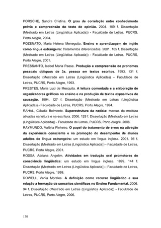 PORSCHE, Sandra Cristina. O grau de correlação entre conhecimento
prévio e compreensão do texto de opinião. 2004. 109 f. Dissertação
(Mestrado em Letras (Lingüística Aplicada)) - Faculdade de Letras, PUCRS,
Porto Alegre, 2004.
POZENATO, Maria Helena Menegotto. Ensino e aprendizagem de inglês
como língua estrangeira: tratamentos diferenciados. 2001. 105 f. Dissertação
(Mestrado em Letras (Lingüística Aplicada)) - Faculdade de Letras, PUCRS,
Porto Alegre, 2001.
PRESSANTO, Isabel Maria Paese. Produção e compreensão de pronomes
pessoais oblíquos de 3a. pessoa em textos escritos. 1993. 131 f.
Dissertação (Mestrado em Letras (Lingüística Aplicada)) – Faculdade de
Letras, PUCRS, Porto Alegre, 1993.
PRESTES, Maria Luci de Mesquita. A leitura comentada e a elaboração de
organizadores gráficos no ensino e na produção de textos expositivos de
causação. 1994. 127 f. Dissertação (Mestrado em Letras (Lingüística
Aplicada)) - Faculdade de Letras, PUCRS, Porto Alegre, 1994.
RAHAL, Cláudia Belmonte. Superestrutura da notícia: marcas da moldura
ativadas na leitura e na escritura. 2006. 128 f. Dissertação (Mestrado em Letras
(Lingüística Aplicada)) - Faculdade de Letras, PUCRS, Porto Alegre, 2006.
RAYMUNDO, Valéria Pinheiro. O papel do tratamento de erros na ativação
da experiência consciente e na promoção do desempenho de alunos
adultos de língua estrangeira: um estudo em língua inglesa. 2001. 98 f.
Dissertação (Mestrado em Letras (Lingüística Aplicada)) - Faculdade de Letras,
PUCRS, Porto Alegre, 2001.
ROSSA, Adriana Angelim. Atividades em tradução oral promotoras de
consciência lingüística: um estudo em língua inglesa. 1999. 144 f.
Dissertação (Mestrado em Letras (Lingüística Aplicada)) - Faculdade de Letras,
PUCRS, Porto Alegre, 1999.
ROWELL, Vania Morales. A definição como recurso lingüístico e sua
relação a formação de conceitos científicos no Ensino Fundamental. 2006.
94 f. Dissertação (Mestrado em Letras (Lingüística Aplicada)) - Faculdade de
Letras, PUCRS, Porto Alegre, 2006.

130

 