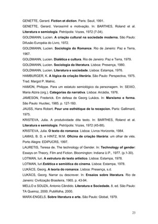 GENETTE, Gerard. Fiction et diction. Paris: Seuil, 1991.
GENETTE, Gerard. Verossímil e motivação. In: BARTHES, Roland et al.
Literatura e semiologia. Petrópolis: Vozes, 1972 (7-34).
GOLDMANN, Lucien. A criação cultural na sociedade moderna. São Paulo:
Difusão Européia do Livro, 1972.
GOLDMANN, Lucien. Sociologia do Romance. Rio de Janeiro: Paz e Terra,
1967.
GOLDMANN, Lucien. Dialética e cultura. Rio de Janeiro: Paz e Terra, 1979.
GOLDMANN, Lucien. Sociologia da literatura. Lisboa: Presença, 1980.
GOLDMANN, Lucien. Literatura e sociedade. Lisboa: Estampa, 1976.
HAMBURGER, K. A lógica da criação literária. São Paulo: Perspectiva, 1975.
Trad. Margot P. Malnic.
HAMON, Philippe. Para um estatuto semiológico da personagem. In: SEIXO,
Maria Alzira (org.). Categorias da narrativa. Lisboa: Arcádia, 1976.
JAMESON, Frederick. Em defesa de Georg Lukács. In: Marxismo e forma.
São Paulo: Hucitec, 1985. p. 127-160.
JAUSS, Hans Robert. Pour une esthétique de la recepcion. Paris: Gallimard,
1975.
KRISTEVA, Julia. A produtividade dita texto. In: BARTHES, Roland et al.
Literatura e semiologia. Petrópolis: Vozes, 1972 (45-88).
KRISTEVA, Julia. O texto do romance. Lisboa: Livros Horizonte, 1984.
LAMAS, B. D. e HINTZ, M.M. Oficina de criação literária: um olhar de viés.
Porto Alegre: EDIPUCRS, 1997.
LAURETIS, Teresa de. The technology of Gender. In: Technology of gender:
Essays on Theory, Film and Fiction. Bloomington: Indiana U.P., 1977. (p.1-30).
LOTMAN, Iuri. A estrutura do texto artístico. Lisboa: Estampa, 1978.
LOTMAN, Iuri.Estética e semiótica do cinema. Lisboa: Estampa, 1978.
LUKÁCS, Georg. A teoria do romance. Lisboa: Presença, s.d.
LUKÁCS, Georg. Narrar ou descrever. In: Ensaios sobre literatura. Rio de
Janeiro: Civilização Brasileira, 1965. p. 43-94.
MELLO e SOUZA, Antonio Cândido. Literatura e Sociedade. 8. ed. São Paulo:
TA Queiroz, 2000; Publifolha, 2000.
MARX-ENGELS. Sobre literatura e arte. São Paulo: Global, 1979.

23

 