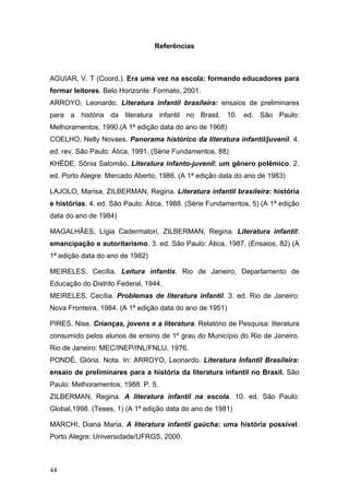 Referências

AGUIAR, V. T (Coord.). Era uma vez na escola: formando educadores para
formar leitores. Belo Horizonte: Formato, 2001.
ARROYO, Leonardo. Literatura infantil brasileira: ensaios de preliminares
para a história da literatura infantil no Brasil. 10. ed. São Paulo:
Melhoramentos, 1990.(A 1ª edição data do ano de 1968)
COELHO, Nelly Novaes. Panorama histórico da literatura infantil/juvenil. 4.
ed. rev. São Paulo: Ática, 1991. (Série Fundamentos, 88)
KHÉDE, Sônia Salomão. Literatura infanto-juvenil: um gênero polêmico. 2.
ed. Porto Alegre: Mercado Aberto, 1986. (A 1ª edição data do ano de 1983)
LAJOLO, Marisa, ZILBERMAN, Regina. Literatura infantil brasileira: história
e histórias. 4. ed. São Paulo: Ática, 1988. (Série Fundamentos, 5) (A 1ª edição
data do ano de 1984)
MAGALHÃES, Lígia Cadermatori, ZILBERMAN, Regina. Literatura infantil:
emancipação e autoritarismo. 3. ed. São Paulo: Ática, 1987. (Ensaios, 82) (A
1ª edição data do ano de 1982)
MEIRELES, Cecília. Leitura infantis. Rio de Janeiro, Departamento de
Educação do Distrito Federal, 1944.
MEIRELES, Cecília. Problemas de literatura infantil. 3. ed. Rio de Janeiro:
Nova Fronteira, 1984. (A 1ª edição data do ano de 1951)
PIRES, Nise. Crianças, jovens e a literatura. Relatório de Pesquisa: literatura
consumido pelos alunos de ensino de 1º grau do Município do Rio de Janeiro.
Rio de Janeiro: MEC/INEP/INL/FNLIJ, 1976.
PONDÉ, Glória. Nota. In: ARROYO, Leonardo. Literatura Infantil Brasileira:
ensaio de preliminares para a história da literatura infantil no Brasil. São
Paulo: Melhoramentos, 1988. P. 5.
ZILBERMAN, Regina. A literatura infantil na escola. 10. ed. São Paulo:
Global,1998. (Teses, 1) (A 1ª edição data do ano de 1981)
MARCHI, Diana Maria. A literatura infantil gaúcha: uma história possível.
Porto Alegre: Universidade/UFRGS, 2000.

44

 