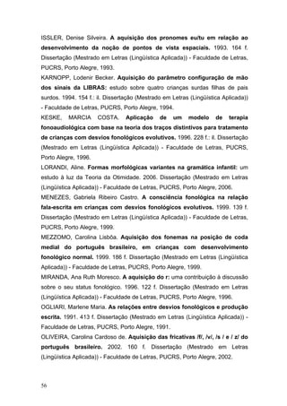 ISSLER, Denise Silveira. A aquisição dos pronomes eu/tu em relação ao
desenvolvimento da noção de pontos de vista espaciais. 1993. 164 f.
Dissertação (Mestrado em Letras (Lingüística Aplicada)) - Faculdade de Letras,
PUCRS, Porto Alegre, 1993.
KARNOPP, Lodenir Becker. Aquisição do parâmetro configuração de mão
dos sinais da LIBRAS: estudo sobre quatro crianças surdas filhas de pais
surdos. 1994. 154 f.: il. Dissertação (Mestrado em Letras (Lingüística Aplicada))
- Faculdade de Letras, PUCRS, Porto Alegre, 1994.
KESKE,

MARCIA

COSTA.

Aplicação

de

um

modelo

de

terapia

fonoaudiológica com base na teoria dos traços distintivos para tratamento
de crianças com desvios fonológicos evolutivos. 1996. 228 f.: il. Dissertação
(Mestrado em Letras (Lingüística Aplicada)) - Faculdade de Letras, PUCRS,
Porto Alegre, 1996.
LORANDI, Aline. Formas morfológicas variantes na gramática infantil: um
estudo à luz da Teoria da Otimidade. 2006. Dissertação (Mestrado em Letras
(Lingüística Aplicada)) - Faculdade de Letras, PUCRS, Porto Alegre, 2006.
MENEZES, Gabriela Ribeiro Castro. A consciência fonológica na relação
fala-escrita em crianças com desvios fonológicos evolutivos. 1999. 139 f.
Dissertação (Mestrado em Letras (Lingüística Aplicada)) - Faculdade de Letras,
PUCRS, Porto Alegre, 1999.
MEZZOMO, Carolina Lisbôa. Aquisição dos fonemas na posição de coda
medial do português brasileiro, em crianças com desenvolvimento
fonológico normal. 1999. 186 f. Dissertação (Mestrado em Letras (Lingüística
Aplicada)) - Faculdade de Letras, PUCRS, Porto Alegre, 1999.
MIRANDA, Ana Ruth Moresco. A aquisição do r: uma contribuição à discussão
sobre o seu status fonológico. 1996. 122 f. Dissertação (Mestrado em Letras
(Lingüística Aplicada)) - Faculdade de Letras, PUCRS, Porto Alegre, 1996.
OGLIARI, Marlene Maria. As relações entre desvios fonológicos e produção
escrita. 1991. 413 f. Dissertação (Mestrado em Letras (Lingüística Aplicada)) Faculdade de Letras, PUCRS, Porto Alegre, 1991.
OLIVEIRA, Carolina Cardoso de. Aquisição das fricativas /f/, /v/, /s / e / z/ do
português brasileiro. 2002. 160 f. Dissertação (Mestrado em Letras
(Lingüística Aplicada)) - Faculdade de Letras, PUCRS, Porto Alegre, 2002.

56

 