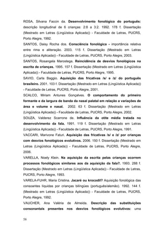 ROSA, Silvana Faccin da. Desenvolvimento fonológico do português:
descrição longitudinal de 6 crianças: 2:8 a 3:2. 1992. 178 f. Dissertação
(Mestrado em Letras (Lingüística Aplicada)) - Faculdade de Letras, PUCRS,
Porto Alegre, 1992.
SANTOS, Daisy Rocha dos. Consciência fonológica - importância relativa
entre rima e aliteração. 2003. 115 f. Dissertação (Mestrado em Letras
(Lingüística Aplicada)) - Faculdade de Letras, PUCRS, Porto Alegre, 2003.
SANTOS, Rosangela Marostega. Reincidência de desvios fonológicos na
escrita de crianças. 1995. 157 f. Dissertação (Mestrado em Letras (Lingüística
Aplicada)) - Faculdade de Letras, PUCRS, Porto Alegre, 1995.
SAVIO, Carla Baggio. Aquisição das fricativas /s/ e /z/ do português
brasileiro. 2001. 103 f. Dissertação (Mestrado em Letras (Lingüística Aplicada))
- Faculdade de Letras, PUCRS, Porto Alegre, 2001.
SCALCO, Miriam Antunes Gonçalves. O comportamento do primeiro
formante e da largura de banda da nasal palatal em relação a variações de
área e volume e nasal.

2002. 63 f. Dissertação (Mestrado em Letras

(Lingüística Aplicada)) - Faculdade de Letras, PUCRS, Porto Alegre, 2002.
SOUZA, Valderez Scarrone de. Influência da otite média tratada no
desenvolvimento da fala. 1991. 119 f. Dissertação (Mestrado em Letras
(Lingüística Aplicada)) - Faculdade de Letras, PUCRS, Porto Alegre, 1991.
VACCARI, Marivone Faturi. Aquisição das fricativas /s/ e /z/ por crianças
com desvios fonológicos evolutivos. 2006. 150 f. Dissertação (Mestrado em
Letras (Lingüística Aplicada)) - Faculdade de Letras, PUCRS, Porto Alegre,
2006.
VARELLA, Noely Klein. Na aquisição da escrita pelas crianças ocorrem
processos fonológicos similares aos da aquisição da fala?. 1993. 288 f.
Dissertação (Mestrado em Letras (Lingüística Aplicada)) - Faculdade de Letras,
PUCRS, Porto Alegre, 1993.
VARELA-FUHR, Maria Cristina. Jacaré ou krocodil? Aquisição fonológica das
consoantes líquidas por crianças bilíngües (português/alemão). 1992. 144 f.
(Mestrado em Letras (Lingüística Aplicada)) - Faculdade de Letras, PUCRS,
Porto Alegre, 1992.
VAUCHER,

Ana

consonantais
58

Valéria

presentes

de
nos

Almeida.
desvios

Descrição
fonológicos

das

substituições

evolutivos:

uma

 