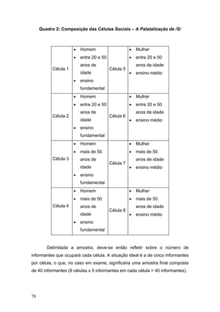 Quadro 2: Composição das Células Sociais – A Palatalização de /S/

•

Homem

•

Mulher

•

entre 20 e 50

•

entre 20 e 50

anos de

Célula 1

idade
•

Célula 5

anos de idade
•

ensino médio

ensino
fundamental

•

Homem

•

Mulher

•

entre 20 e 50

•

entre 20 e 50

anos de

Célula 2

idade
•

Célula 6

anos de idade
•

ensino médio

ensino
fundamental

•

Homem

•

Mulher

•

mais de 50

•

mais de 50

Célula 3

anos de
idade
•

Célula 7

anos de idade
•

ensino médio

ensino
fundamental

•

Homem

•

Mulher

•

mais de 50

•

mais de 50

Célula 4

anos de
idade
•

Célula 8

anos de idade
•

ensino médio

ensino
fundamental

Delimitada a amostra, deve-se então refletir sobre o número de
informantes que ocupará cada célula. A situação ideal é a de cinco informantes
por célula, o que, no caso em exame, significaria uma amostra final composta
de 40 informantes (8 células x 5 informantes em cada célula = 40 informantes).

78

 