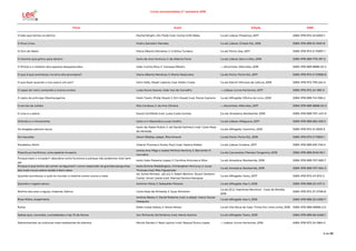 Livros recomendados 2.º semestre 2018
Título Autor Edição ISBN
O leão que temos cá dentro Rachel Bright, Jim Field; trad. Carlos Grifo Babo 1.a ed; Lisboa: Presença, 2017 ISBN: 978-972-23-6053-1
O lince Lineu Pedro Salvador Mendes 1.a ed; Lisboa: Chiado Ed., 2016 ISBN: 978-989-51-9401-8
O livro do Natal Maria Alberta Menéres; il. Cristina Turdera 1.a ed; Porto: Asa, 2017 ISBN: 978-972-0-72907-1
O menino que gritou para dentro texto de Ana Ventura; il. de Alberto Faria 1.a ed; Lisboa: Zero a Oito, 2018 ISBN: 978-989-776-197-3
O Pintas e o mistério dos sapatos desaparecidos João Cunha Silva; il. Vanessa Ribeiro --; Alcochete: Alfarroba, 2018 ISBN: 978-989-8888-33-4
O que é que aconteceu na terra dos procópios? Maria Alberta Menéres; il. Marta Madureira 1.a ed; Porto: Porto Ed., 2017 ISBN: 978-972-0-72908-8
O que fazer quando a tua casa é um zoo? John Kelly, Steph Laberis; trad. Pedro Costa 1.a ed; Estoril: Minutos de Leitura, 2018 ISBN: 978-972-793-224-5
O rapaz do nariz comprido e outros contos Luísa Ducla Soares, João Vaz de Carvalho --; Lisboa: Livros Horizonte, 2017 ISBN: 978-972-24-1851-5
O rapto do príncipe Oleomargarine Mark Twain, Philip Stead; il. Erin Stead; trad. Paula Caetano 1.a ed; Alfragide: Oficina do Livro, 2018 ISBN: 978-989-741-936-2
O sorriso da Julieta Rita Cardoso; il. de Ana Oliveira --; Alcochete: Alfarroba, 2017 ISBN: 978-989-8888-02-0
O urso e o piano David Litchfield; trad. Luísa Costa Gomes 2.a ed; Amadora: Booksmile, 2018 ISBN: 978-989-707-447-9
Orlando e o rinoceronte texto e il. Alexandra Lucas Coelho 1.a ed; Lisboa: Alfaguara, 2017 ISBN: 978-989-665-329-3
Os dragões adoram tacos
texto de Adam Rubin; il. de Daniel Salmieri; trad. Carla Maia
de Almeida
1.a ed; Alfragide: Caminho, 2018 ISBN: 978-972-21-2929-9
Os mauzões Aaron Blabey; adapt. Rita Amaral 1.a ed; Porto: Porto Ed., 2018- ISBN: 978-972-0-71805-1
Parabéns, Mimi! Valerie Thomas e Korky Paul; trad. Helena Rafael 1.a ed; Lisboa: Gradiva, 2017 ISBN: 978-989-616-749-3
Plascticus maritimus, uma espécie invasora
textos Ana Pêgo e Isabel Minhós Martins; il. Bernardo P.
Carvalho
1.a ed; Carcavelos: Planeta Tangerina, 2018 ISBN: 978-989-8145-90-1
Porque bate o coração?: descobre como funciona e porque não podemos viver sem
ele
texto João Paisana Lopes; il. Carolina Antunes e Silva 1.a ed; Amadora: Booksmile, 2018 ISBN: 978-989-707-665-7
Porque é que tenho de comer os legumes?: como responder às grandes perguntas
dos mais novos sobre saúde e bem-estar
texto Emma Waddington, Christopher McCurry; il. Louis
Thomas; trad. Rita Figueiredo
1.a ed; Amadora: Booksmile, 2018 ISBN: 978-989-707-564-3
Quando aconteceu o quê no mundo: a história como nunca a viste
ed. Suhel Ahmed... [et al.]; il. Adam Benton, Stuart Jackson-
Carter, Arran Lewis; trad. Manuel Santos Marques
1.a ed; Alfragide: Texto, 2017 ISBN: 978-972-47-5112-2
Quando o regato secou António Mota; il. Sebastião Peixoto 1.a ed; Alfragide: Asa II, 2018 ISBN: 978-989-23-4171-2
Rainha dos ares: a águia, imperial, ibérica Carla Maia de Almeida; il. Susa Monteiro
1.a ed; [S.l.]: Imprensa Nacional - Casa da Moeda,
2018
ISBN: 978-972-27-2706-8
Rosa Meira, engenheira
Andrea Beaty; il. David Roberts; trad. e adapt. Vasco Sousa
Mesquita
1.a ed; Alfragide: Asa II, 2018 ISBN: 978-989-23-4259-7
Rufus Edite Costa Matos; il. Sónia Matos 1.a ed; Vila Nova de Gaia: Trinta Por Uma Linha, 2018 ISBN: 978-989-99996-2-6
Sabias que...recordes, curiosidades e top 10 de factos Jon Richards, Ed Simkins; trad. Marta Jacinto 1.a ed; Alfragide: Texto, 2018 ISBN: 978-989-66-0469-1
Sobreviventes: as criaturas mais resistentes do planeta Nicola Davies; il. Neal Layton; trad. Raquel Dutra Lopes --; Lisboa: Livros Horizonte, 2018 ISBN: 978-972-24-1864-5
6 de 56
 