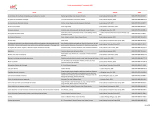 Livros recomendados 2.º semestre 2018
Título Autor Edição ISBN
As cientistas: 52 mulheres intrépidas que mudaram o mundo Rachel Ignotofsky; trad. Susana Ferreira 1.a ed; Lisboa: Bertrand, 2018 ISBN: 978-972-25-3515-1
As lições da intimidade: antologia Luis García Montero; trad. Nuno Júdice 1.a ed; Lisboa: Abysmo, 2018 ISBN: 978-989-8688-70-5
As memórias de Sherlock Holmes Arthur Conan Doyle; trad. de Joaquim Machado 1.a ed; Lisboa: 11x17, 2017 ISBN: 978-972-25-3357-7
As mil e uma noites trad. Hugo Maia 1.a ed; Silveira: E-Primatur, 2017- ISBN: 978-989-99715-6-1
As naus: romance António Lobo Antunes; pref. de Ricardo Araújo Pereira --; Alfragide: Leya, D.L. 2016 ISBN: 978-972-20-5995-4
As pupilas do senhor reitor
Júlio Dinis; coord. Carlos Reis; introd. e nota bibliogr. Maria
do Rosário Cunha
--; Lisboa: Imprensa Nacional-Casa da Moeda, cop.
2017
ISBN: 978-972-27-1984-1
As rimas de Petrarca trad., notas e coment. Vasco Graça Moura 1.a ed; Lisboa: Quetzal, 2018 ISBN: 978-989-722-401-0
As três vidas João Tordo 1.a ed; Lisboa: Companhia das Letras, 2018 ISBN: 978-989-665-612-6
Às vezes são precisas rimas destas: poesia política portuguesa e de expressão alemã
(1914-2014) = Manchmal braucht man solche reime: politische poesie in Portugal und
org. Goethe-Institut portugal; sel. Joachim Sartorius... [et al.];
pref. Joachim Sartorius, Fernando J. B. Martinho; trad. Aires
1.a ed; Lisboa: Tinta-da-China, 2017 ISBN: 978-989-671-391-1
As viagens de Gulliver: viagens a diversas nações remotas do mundo... Jonathan Swift; il. Arthur Rackham; trad. Frederico Pedreira 1.a ed; Lisboa: Guerra e Paz, 2017 ISBN: 978-989-702-327-9
Babilónia Yasmina Reza; trad. de Sandra Silva 1.a ed; Lisboa: Quetzal, 2018 ISBN: 978-989-722-404-1
Bambi: uma vida nos bosques
Felix Salten; trad. António A. Z. Cortesão; il. Pedro Salvador
Mendes
1.a ed; Silveira: E-Primatur, 2016 ISBN: 978-989-99542-9-8
Batman: o príncipe encantado das trevas história e arte de Marini; coord. e trad. José Harvng de Freitas --; [S.l.]: Levoir, D.L. 2018 ISBN: 978-989-682-777-9
Beren e Lúthien
J. R. R. Tolkien; ed. Christopher Tolkien; il. Alan Lee; trad.
Catarina Ferreira de Almeida
2.a ed; Lisboa: Planeta, 2018 ISBN: 978-989-777-067-8
Brevíssima História de Portugal A. H. de Oliveira Marques 1.a ed; Lisboa: Tinta-da-China, 2018 ISBN: 978-989-671-418-5
Cair para dentro Valério Romão --; Lisboa: Abysmo, 2018 ISBN: 978-989-8688-62-0
Capitães da areia: romance
Jorge Amado; texto integral e definitivo fixado por Paloma
Amado e Pedro Costa sob a orientação do autor; pref. de
--; Alfragide: Leya, D.L. 2016 ISBN: 978-972-20-6035-6
Cem anos de solidão: romance
Gabriel García Márquez; pref. de Alberto Manguel; trad. de
Margarida Santiago, António Pescada
2.a ed; Alfragide: Leya, D.L. 2017 ISBN: 978-972-20-5996-1
Cinco mil quilómetros por segundo Manuele Fior; trad. Edições Devir --; Palmela: Devir, 2018 ISBN: 978-989-559-416-0
Com o mar por meio: uma amizade em cartas
Jorge Amado e José Saramago; sel., org. e notas Paloma
Jorge Amado, Bete Capinan e Ricardo Viel
1.a ed; Lisboa: Companhia das Letras, 2017 ISBN: 978-989-665-361-3
Como (não) ter um ataque cardíaco Fabien Guez; il. Lefred-Thouron; trad. Tânia Ganho 1.a ed; Lisboa: Contraponto, 2018 ISBN: 978-989-666-168-7
Como desenhar o corpo humano: 21 textos de 21 autores, 21 anos de jovens criadores Ana Pessoa... [et al.] 1.a ed; Lisboa: Companhia das Letras, 2018 ISBN: 978-989-665-618-8
Como Fernando Pessoa pode mudar a sua vida: primeiras lições Carlos Pittella, Jerónimo Pizarro 1.a ed; Lisboa: Tinta-da-China, 2017 ISBN: 978-989-671-358-4
Contos texto e il. Beatrix Potter; trad. Inês Dias --; Lisboa: Relógio D'Água, cop. 2017 ISBN: 978-989-641-736-9
Contos de encantar E. E. Cummings; il. Rachel Caiano; trad. Hélia Correia 1.a ed; Lisboa: Ponto de Fuga, 2018 ISBN: 978-989-8881-05-2
24 de 56
 