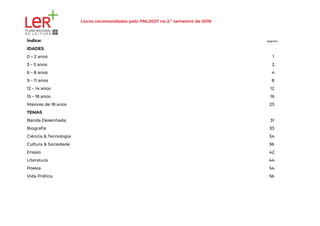 Livros recomendados pelo PNL2027 no 2.º semestre de 2018  
 
Índice: ​páginas 
IDADES 
0 – 2 anos  1 
3 – 5 anos  2 
6 – 8 anos  4 
9 – 11 anos  8 
12 – 14 anos  12 
15 – 18 anos  16 
Maiores de 18 anos  23 
TEMAS 
Banda Desenhada  31 
Biografia  33 
Ciência & Tecnologia  34 
Cultura & Sociedade 36 
Ensaio  42 
Literatura  44 
Poesia 54 
Vida Prática  56 
 
 
   
 