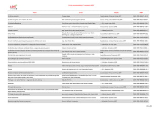 Livros recomendados 2.º semestre 2018
Título Autor Edição ISBN
O último amante Teresa Veiga 1.a ed; Lisboa: Tinta-da-China, 2017 ISBN: 978-989-671-351-5
O velho e o gato: uma história de amor Nils Uddenberg; trad. Eugénio Santos 1.a ed., reimp; Lisboa: Bertrand, 2017 ISBN: 978-972-25-3333-1
O Xerife da Babilónia Tom King; arte e cores Mitch Gerads; trad. Pedro Cleto --; [S.l.]: Levoir, cop. 2018- ISBN: 978-989-682-782-3
Odisseia Homero; trad. e introd. Frederico Lourenço 1.a ed; Lisboa: Quetzal, 2018 ISBN: 978-989-722-438-6
Olimpo tropical arg. André Diniz; des. Laudo Ferreira --; Lisboa: Polvo, 2017 ISBN: 978-989-8513-31-1
Oliver Twist
Charles Dickens; pref. de G.K. Chesterton; trad. Mário
Domingues; il. Gorge Cruikshank
1.a ed; Silveira: E-Primatur, 2017 ISBN: 978-989-99715-9-2
Os Buddenbrook: declínio de uma família Thomas Mann; pref. e trad. Gilda Lopes Encarnação --; Alfragide: Leya, D.L. 2016 ISBN: 978-972-20-6039-4
Os cem melhores poemas portugueses dos últimos cem anos org. José Mário Silva 1.a ed; Lisboa: Companhia das Letras, 2017 ISBN: 978-989-665-230-2
Os cinco magníficos: Hollywood e a Segunda Guerra Mundial Mark Harris; trad. Miguel Mata --; Lisboa: Ed. 70, imp. 2018 ISBN: 978-972-44-1962-6
Os direitos das mulheres no Estado Novo: a segunda grande guerra Helena Pereira de Melo --; Coimbra: Almedina, 2017 ISBN: 978-972-40-6882-4
Os direitos humanos depois de Hitler: a história perdida da acusação dos crimes de
guerra do eixo
Dan Plesch; trad. Artur Lopes Cardoso
1.a ed; Lisboa: Temas e Debates: Círculo de Leitores,
2018
ISBN: 978-989-644-471-6
Os meninos que enganavam os nazis
Joseph Joffo; versão portuguesa Ana Cardoso e João
Cardoso
1.a ed; Barcarena: Presença, 2017 ISBN: 978-972-23-6134-7
Os naufrágios de Camões: romance Mário Cláudio 1.a ed; Alfragide: Dom Quixote, 2016 ISBN: 978-972-20-6205-3
Pneumatóforo: escritos políticos (1981-2018) Boaventura de Sousa Santos --; Coimbra: Almedina, 2018 ISBN: 978-972-40-7436-8
Poesia Mário-Henrique Leiria; introd., org. e notas Tania Martuscelli 1.a ed; Silveira: E-Primatur, 2018 ISBN: 978-989-8872-16-6
Poesia Antero de Quental; ed. crít. Luiz Fagundes Duarte --; [S.l.]: Abysmo, 2016- ISBN: 978-989-8688-50-7
Poesia completa de Mário de Sá-Carneiro ed. Ricardo Vasconcelos 1.a ed; Lisboa: Tinta-da-China, 2017 ISBN: 978-989-671-372-0
Porque é que tenho de comer os legumes?: como responder às grandes perguntas
dos mais novos sobre saúde e bem-estar
texto Emma Waddington, Christopher McCurry; il. Louis
Thomas; trad. Rita Figueiredo
1.a ed; Amadora: Booksmile, 2018 ISBN: 978-989-707-564-3
Portugal e os nazis: histórias e segredos de uma aliança Cláudia Ninhos 1.a ed; Lisboa: A Esfera dos Livros, 2017 ISBN: 978-989-626-848-0
Preacher Garth Ennis; des. Steve Dillon; trad. Paulo Furtado --; [S.l.]: Levoir, 2018- ISBN: 978-989-682-784-7
Princípio de Karenina Afonso Cruz 1.a ed; Lisboa: Companhia das Letras, 2018 ISBN: 978-989-665-692-8
Prisioneiros da geografia: dez mapas que lhe revelam tudo o que precisa de saber
sobre política internacional
Tim Marshall; trad. de Sónia Maia 1.a ed; Porto Salvo: Desassossego, 2017 ISBN: 978-989-99875-0-0
Privilégio de penumbra: (pessoana) poemas e colagens Felipe Benítez Reyes; trad. Vasco Gato --; Lisboa: Abysmo, 2018 ISBN: 978-989-8688-71-2
Putas assassinas Roberto Bolaño; trad. Cristina Rodriguez e Artur Guerra 1.a ed; Lisboa: Quetzal, 2017 ISBN: 978-989-722-353-2
Quando as girafas baixam o pescoço Sandro William Junqueira --; Alfragide: Caminho, 2017 ISBN: 978-972-21-2878-0
28 de 56
 