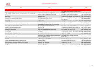 Livros recomendados 2.º semestre 2018
Título Autor Edição ISBN
Biografia
A história dos judeus Simon Schama; trad. Pedro Garcia Rosado
1.a ed; Lisboa: Temas e Debates: Círculo de Leitores,
cop. 2014-
ISBN: 978-989-644-286-6
A mala misteriosa do senhor Benjamin: baseado na história muito verdadeira de
Walter Benjamin
texto e il. de Pei-Yu Chang; trad. Eurídice Gomes 1.a ed; Lisboa: Penguin Random House, 2017 ISBN: 978-989-665-229-6
Alfredo Cortez Sebastiana Fadda --; Lisboa: Imprensa Nacional - Casa da Moeda, 2017 ISBN: 978-972-27-2477-7
Antónia Ferreira: a desenhadora de paisagens João Paulo Cotrim; il. Pedro Lourenço
1.a ed; Lisboa: Imprensa Nacional - Casa da Moeda:
Pato Lógico, 2017
ISBN: 978-972-27-2536-1
António Pedro Rui Pina Coelho --; Lisboa: Imprensa Nacional - Casa da Moeda, 2017 ISBN: 978-972-27-2573-6
As cientistas: 52 mulheres intrépidas que mudaram o mundo Rachel Ignotofsky; trad. Susana Ferreira 1.a ed; Lisboa: Bertrand, 2018 ISBN: 978-972-25-3515-1
Com o mar por meio: uma amizade em cartas
Jorge Amado e José Saramago; sel., org. e notas Paloma
Jorge Amado, Bete Capinan e Ricardo Viel
1.a ed; Lisboa: Companhia das Letras, 2017 ISBN: 978-989-665-361-3
Companhia Rey Colaço - Robles Monteiro Joana D'Eça Leal --; Lisboa: Imprensa Nacional-Casa da Moeda, 2016 ISBN: 978-972-27-2443-2
Einstein: a sua vida e universo Walter Isaacson; trad. Ângelo dos Santos Pereira 2.a ed; Alfragide: Casa das Letras, 2017 ISBN: 978-989-741-742-9
Francisco Palha Levi Martins --; Lisboa: Imprensa Nacional - Casa da Moeda, 2018 ISBN: 978-972-27-2700-6
Gente de Dublin: biografia de James Joyce Alfonso Zapico; trad. Carlos Xavier --; [S.l.]: Levoir, D.L. 2018 ISBN: 978-989-682-771-7
Magalhães: até ao fim do mundo
texto Christian Clot; des. Bastien Orenge & Thomas Verguet;
trad. e notas Alexandre Cartaxo
1.a ed; Lisboa: Gradiva: Comissão Cultural de
Marinha, 2018
ISBN: 978-989-616-844-5
Nonnonba Shigeru Mizuki; trad. Edições Devir --; Palmela: Devir, cop. 2017 ISBN: 978-989-559-401-6
O terrível: a grande biografia de Afonso de Albuquerque José Manuel Garcia 1.a ed; Lisboa: A Esfera dos Livros, 2017 ISBN: 978-989-626-845-9
Os cinco magníficos: Hollywood e a Segunda Guerra Mundial Mark Harris; trad. Miguel Mata --; Lisboa: Ed. 70, imp. 2018 ISBN: 978-972-44-1962-6
Sousa Bastos Paula Gomes Magalhães --; Lisboa: Imprensa Nacional-Casa da Moeda, 2018 ISBN: 978-972-27-2620-7
33 de 56
 