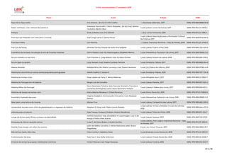 Livros recomendados 2.º semestre 2018
Título Autor Edição ISBN
Faça sol ou faça vento Ana Amaral... [et al.]; il. Carla Coelho --; Alcochete: Alfarroba, 2017 ISBN: 978-989-8888-06-8
Fazer, conhecer, criar: manual de aventura
Anastasia Zanoncelli; il. Mario Stoppele... [et al.]; trad. Serena
Cachioli e Martini Ricci
1.a ed; Lisboa: Livros Horizonte, 2017 ISBN: 978-972-24-1849-2
Feitiços Emily Gribbitt; trad. Ana Stilwell --; [S.l.]: Livros Horizonte, 2016 ISBN: 978-972-24-1816-4
Francisco de Holanda: com asas para o mundo José Jorge Letria; il. Jaime Ferraz
1.a ed; Lisboa: Associação para a Promoção Cultural
da Criança, 2017
ISBN: 978-989-8725-08-0
Francisco Palha Levi Martins --; Lisboa: Imprensa Nacional - Casa da Moeda, 2018 ISBN: 978-972-27-2700-6
Frei Luís de Sousa Almeida Garrett; fixação de texto Ana Salgado 1.a ed; Lisboa: Guerra e Paz, 2018 ISBN: 978-989-702-430-6
Gramática da fantasia: introdução à arte de inventar histórias Gianni Rodari; trad. Pia Mastrangelo e Elisabete Ramos 1.a ed; Matosinhos: Factoria K de Livros, 2017 ISBN: 978-989-99583-2-6
Há um monstro no teu livro Tom Fletcher; il. Greg Abbott; trad. Eurídice Gomes 1.a ed; Lisboa: Nuvem de Letras, 2018 ISBN: 978-989-665-309-5
Há um tigre no jardim Lizzy Stewart; trad. Susana Cardoso Ferreira 1.a ed; Amadora: Fábula, 2017 ISBN: 978-989-8855-84-8
Helena Almeida Mafalda Brito, Rui Pedro Lourenço; trad. Shawn Severson 1.a ed; [S.l.]: Barca do Inferno, 2018 ISBN: 978-989-97963-4-8
História da carochinha e outros contos populares portugueses Adolfo Coelho; il. Soraia O. 1.a ed; Amadora: Fábula, 2018 ISBN: 978-989-707-702-9
História de muitas cores Rosa Lobato de Faria; il. Marta Albernaz 1.a ed; Alfragide: Asa II, 2017 ISBN: 978-989-23-3850-7
História de Portugal em 40 objetos Sérgio Luís de Carvalho 1.a ed; Lisboa: Planeta, 2017 ISBN: 978-989-657-923-4
História Militar de Portugal
Nuno Severiano Teixeira, João Gouveia Monteiro, Francisco
Contente Domingues; coord. Nuno Severiano Teixeira
1.a ed; Lisboa: A Esfera dos Livros, 2017 ISBN: 978-989-626-831-2
Histórias de tempo vai tempo vem Maria Alberta Menéres; il. Chloé Perarnau 1.a ed; Porto: Porto Ed., 2016 ISBN: 978-972-0-72902-6
Inventário ilustrado das aves
Virginie Aladjidi; il. Emmanuelle Tchoukriel; trad. Elisabete
Ramos
1.a ed; Matosinhos: Faktoria K de Livros, 2016 ISBN: 978-989-99583-3-3
Jalan jalan: uma leitura do mundo Afonso Cruz 1.a ed; Lisboa: Companhia das Letras, 2017 ISBN: 978-989-665-228-9
Lamentável mundo novo: o fim da globalização e o regresso da história Stephen D. King; trad. Pedro Garcia Rosado
1.a ed; Lisboa: Temas e Debates: Círculo de Leitores,
2018
ISBN: 978-989-644-472-3
Leituras para um século João Caraça, Gustavo Cardoso, Sandro Mendonça 1.a ed; Lisboa: Tinta-da-China, 2018 ISBN: 978-989-671-414-7
Longe da árvore: pais, filhos e a busca da identidade
Andrew Solomon; trad. Donaldson M. Garschagen, Luiz A. de
Araújo e Pedro Maia Soares
1.a ed; Lisboa: Quetzal, 2017 ISBN: 978-989-722-312-9
Marquesa de Alorna: querida Leonor Luísa V. de Paiva Boléo; il. André Carrilho
1.a ed; Lisboa,: Pato Lógico: Imprensa Nacional - Casa
da Moeda, 2017
ISBN: 978-972-27-2515-6
Matilde Rosa Araújo: um olhar de menina
texto de Adélia Carvalho; il. Marta Madureira; pósf. Álvaro
Magalhães
2.a ed. rev; Porto: Tcharan, 2017 ISBN: 978-989-98921-8-7
Não tenhas medo, lobo mau Clara Cunha; il. Natalina Cóias 1.a ed; [Lisboa]: Livros Horizonte, 2018 ISBN: 978-972-24-1872-0
O alimentador de aves José Vaz; il. Ana Sofia Ambrósio 1.a ed; Lisboa: Chiado Books Ed., 2018 ISBN: 978-989-52-2208-7
O banco do tempo que passa: meditações cósmicas Hubert Reeves; trad. Tiago Marques 1.a ed; Lisboa: Gradiva, 2018 ISBN: 978-989-616-840-7
38 de 56
 