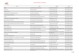 Livros recomendados 2.º semestre 2018
Título Autor Edição ISBN
A seguir Morris Gleitzman; trad. Dulce Afonso 1.a ed; Amadora: Fábula, 2018 ISBN: 978-989-707-647-3
A sétima onda J. Rentes de Carvalho 1.a ed; Lisboa: Quetzal, 2017 ISBN: 978-989-722-351-8
A sombra do vento Carlos Ruiz Zafón; trad. Pedro Oliveira 1.a ed ; Lisboa: Planeta, 2016 ISBN: 978-989-657-776-6
A sopa de pedra; Um ladrão debaixo da cama Alice Vieira; il. Vanda Romão --; Alfragide: Caminho, 2018 ISBN: 978-972-21-2934-3
A verdadeira história do Pai Natal Alexandre Lobão, Rachel Caiano --; Lisboa: Livros Horizonte, 2017 ISBN: 978-972-24-1861-4
A viagem Francesca Sanna; trad. Susana Cardoso Ferreira 1.a ed; Amadora: Fábula, 2018 ISBN: 978-989-707-680-0
A vida verdadeira de Domingos Xavier: romance José Luandino Vieira; pref. Aline Frazão --; Alfragide: Leya, D.L. 2017 ISBN: 978-972-21-2802-5
ABC dos bichos em rima infantil Rosa Lobato de Faria; il. Nikola Raspopovic 1.a ed; Alfragide: Asa II, 2017 ISBN: 978-989-23-4053-1
Absinto, ópio, tabaco e outros fumos: um livro de vícios: antologia Fernando Pessoa; org. Manuel S. Fonseca 1.a ed; Lisboa: Guerra & Paz, 2018 ISBN: 978-989-702-373-6
Adão e Eva no paraíso; seguido de O senhor diabo e outros contos Eça de Queiroz --; Lisboa: Guerra & Paz, 2018 ISBN: 978-989-702-354-5
Agosto: romance Rubem Fonseca; pref. Anabela Mota Ribeiro --; Alfragide: Leya, cop. 2016 ISBN: 978-989-66-0419-6
Alerta no megaconcerto Ana Maria Magalhães, Isabel Alçada; il. Jaime Ferraz 1.a ed; Alfragide: Caminho, 2018 ISBN: 978-972-21-2938-1
Amigos de São Saturnino texto Francisca Prieto; il. Sara Brito
--; Ferreira do Zêzere: Fundação Maria Dias Ferreira:
Câmara Municipal, 2017
ISBN: 978-989-98655-7-0
Anne das empenas verdes Lucy M. Montgomery; trad. Maria Eduarda Cardoso --; Lisboa: Relógio d'Água, 2017 ISBN: 978-989-641-716-1
Antónia Ferreira: a desenhadora de paisagens João Paulo Cotrim; il. Pedro Lourenço
1.a ed; Lisboa: Imprensa Nacional - Casa da Moeda:
Pato Lógico, 2017
ISBN: 978-972-27-2536-1
António Pedro Rui Pina Coelho --; Lisboa: Imprensa Nacional - Casa da Moeda, 2017 ISBN: 978-972-27-2573-6
As aventuras de Huckleberry Finn Mark Twain; trad. e introd. João Reis 1.a ed; Amadora: Fábula, 2018 ISBN: 978-989-707-685-5
As aventuras de Huckleberry Finn: (o companheiro de Tom Sawyer) Mark Twain; trad. Miguel Nogueira 1.a ed; Lisboa: Guerra e Paz, 2017 ISBN: 978-989-702-303-3
As aventuras de Tom Sawyer Mark Twain; trad. Miguel Nogueira 1.a ed; Lisboa: Guerra e Paz, 2017 ISBN: 978-989-702-271-5
As coisas que perdemos no fogo Mariana Enriquez; trad. Margarida Amado Acosta 1.a ed; Lisboa: Quetzal, 2017 ISBN: 978-989-722-334-1
As memórias de Sherlock Holmes Arthur Conan Doyle; trad. de Joaquim Machado 1.a ed; Lisboa: 11x17, 2017 ISBN: 978-972-25-3357-7
As mil e uma noites trad. Hugo Maia 1.a ed; Silveira: E-Primatur, 2017- ISBN: 978-989-99715-6-1
As naus: romance António Lobo Antunes; pref. de Ricardo Araújo Pereira --; Alfragide: Leya, D.L. 2016 ISBN: 978-972-20-5995-4
As piores crianças do mundo David Walliams; il. Tony Ross; trad. Rita Amaral 1.a ed; Porto: Porto Ed., 2017 ISBN: 978-972-0-04940-7
As pupilas do senhor reitor
Júlio Dinis; coord. Carlos Reis; introd. e nota bibliogr. Maria
do Rosário Cunha
--; Lisboa: Imprensa Nacional-Casa da Moeda, cop.
2017
ISBN: 978-972-27-1984-1
45 de 56
 