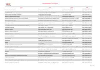Livros recomendados 2.º semestre 2018
Título Autor Edição ISBN
Franklin e a livraria voadora Jen Campbell; il. Katie Harnett 1.a ed; Amadora: Fábula, 2018 ISBN: 978-989-707-577-3
Frei Luís de Sousa Almeida Garrett; fixação de texto Ana Salgado 1.a ed; Lisboa: Guerra e Paz, 2018 ISBN: 978-989-702-430-6
Gente de Dublin: biografia de James Joyce Alfonso Zapico; trad. Carlos Xavier --; [S.l.]: Levoir, D.L. 2018 ISBN: 978-989-682-771-7
George e o código secreto do universo
Lucy & Stephen Hawking; il. de Garry Parsons; trad. de
Alberto Gomes
1.a ed; Barcarena: Presença, 2017 ISBN: 978-972-23-5929-0
Gramática da fantasia: introdução à arte de inventar histórias Gianni Rodari; trad. Pia Mastrangelo e Elisabete Ramos 1.a ed; Matosinhos: Factoria K de Livros, 2017 ISBN: 978-989-99583-2-6
Há um monstro no teu livro Tom Fletcher; il. Greg Abbott; trad. Eurídice Gomes 1.a ed; Lisboa: Nuvem de Letras, 2018 ISBN: 978-989-665-309-5
Há um tigre no jardim Lizzy Stewart; trad. Susana Cardoso Ferreira 1.a ed; Amadora: Fábula, 2017 ISBN: 978-989-8855-84-8
História da carochinha e outros contos populares portugueses Adolfo Coelho; il. Soraia O. 1.a ed; Amadora: Fábula, 2018 ISBN: 978-989-707-702-9
História de muitas cores Rosa Lobato de Faria; il. Marta Albernaz 1.a ed; Alfragide: Asa II, 2017 ISBN: 978-989-23-3850-7
Histórias de pontuar texto Suzana Ramos; il. Marta Neto 1.a ed; Lisboa: Dinalivro, 2012 ISBN: 978-972-576-615-6
Histórias de tempo vai tempo vem Maria Alberta Menéres; il. Chloé Perarnau 1.a ed; Porto: Porto Ed., 2016 ISBN: 978-972-0-72902-6
Histórias do bom Deus e outros contos Rainer Maria Rilke; trad. Maria Gabriela Cardote 1.a ed; Porto: Livros do Brasil, 2017 ISBN: 978-972-38-3029-3
Homens sem mulheres Haruki Murakami; trad. Maria João Lourenço 1.a ed; Alfragide: Casa das Letras, 2017 ISBN: 978-989-741-810-5
Hotel memória João Tordo 1.a ed; Lisboa: Companhia das Letras, 2018 ISBN: 978-989-665-194-7
Instantâneos Claudio Magris; trad. Sara Ludovico 1.a ed; Lisboa: Quetzal, 2018 ISBN: 978-989-722-428-7
Ivanhoe
Walter Scott; il. Adolphe Lalauze; trad. António Vilalva e
Hélder Guégués
1.a ed; Silveira: E-Primatur, 2017 ISBN: 978-989-99715-8-5
Jake Atlas e o túmulo da serpente esmeralda texto Rob lloyd Jones; trad. Jorge Lima 1.a ed; Porto: Gradiva, 2017 ISBN: 978-989-616-757-8
Jalan jalan: uma leitura do mundo Afonso Cruz 1.a ed; Lisboa: Companhia das Letras, 2017 ISBN: 978-989-665-228-9
James e o pêssego gigante Roald Dahl; il. Quentin Blake; trad. Ana Lourenço 1.a ed; Alfragide: Oficina do Livro, 2018 ISBN: 978-989-741-997-3
Jesusalém Mia Couto; pref. de Miguel Real --; Alfragide: Leya, D.L. 2016 ISBN: 978-972-21-2797-4
Lassie Eric Knight; il. Marguerite Kirmse; trad. Miguel Martins 1.a ed; Silveira: E-Primatur, 2016 ISBN: 978-989-99542-0-5
Literatura-mundo comparada: perspectivas em português coord. geral Helena Carvalhão Buescu 1.a ed; Lisboa: Tinta-da-China, 2017- ISBN: 978-989-671-392-8
Lorde Jim: uma narrativa Joseph Conrad; trad. João Moita 1.a ed; Lisboa: Guerra e Paz, 2018 ISBN: 978-989-702-361-3
Manobras de guerrilha: pugilistas, pokémons & génios Bruno Vieira do Amaral 1.a ed; Lisboa: Quetzal, 2018 ISBN: 978-989-722-431-7
Mário de Sá Carneiro: obra essencial planeada por Fernando Passoa; ed. e org. Vasco Silva 1.a ed; Silveira: E-Primatur, 2016 ISBN: 978-989-99438-9-6
48 de 56
 
