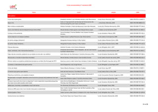 Livros recomendados 2.º semestre 2018
Título Autor Edição ISBN
Vida prática
A voz não é para gritar Elizabeth Verdick; il. por Marieka Heinlen; trad. Rita Amaral 1.a ed; Porto: Porto Ed., 2018 ISBN: 978-972-0-34657-5
Água-viva
texto e il. Agrupamento de Escolas de Ponte de Sor; fot.
Patrícia Sanganha; pref. José Luís Peixoto
--; Alcochete: Alfarroba, 2018 ISBN: 978-989-8888-20-4
Bem vindos a cerebropólis Matteo Farinella; il. Marie de Beaucout; trad. Alex Marques 1.a ed; [S.l.]: Planeta Manuscrito, 2018 ISBN: 978-989-777-046-3
Cocó: uma história natural (daquilo de que não se fala) Nicola Davies; il. Neal Layton; trad. Raquel Dutra Lopes --; Lisboa: Livros Horizonte, 2017 ISBN: 978-972-24-1830-0
Começa numa semente
Laura Knowles; il. Jennie Webber; trad. Susana Cardoso
Ferreira
1.a ed; Amadora: Fábula, 2018 ISBN: 978-989-707-532-2
Como (não) ter um ataque cardíaco Fabien Guez; il. Lefred-Thouron; trad. Tânia Ganho 1.a ed; Lisboa: Contraponto, 2018 ISBN: 978-989-666-168-7
Eu tenho amigos, Norberto? Margarida Fonseca Santos; il. Mica Cabral 1.a ed; Lisboa: Planeta Júnior, 2018 ISBN: 978-989-777-041-8
Eu tenho medo, Norberto... Margarida Fonseca Santos; il. Mica Cabral 1.a ed; Lisboa: Planeta Júnior, 2018 ISBN: 978-989-777-042-5
Fábulas fabulosas António Torrado; il. de Cristina Malaquias 1.a ed; Alfragide: ASA II, 2017 ISBN: 978-989-23-4045-6
Fazer, conhecer, criar: manual de aventura
Anastasia Zanoncelli; il. Mario Stoppele... [et al.]; trad. Serena
Cachioli e Martini Ricci
1.a ed; Lisboa: Livros Horizonte, 2017 ISBN: 978-972-24-1849-2
Hoje é dia de consulta: acabaram-se os medos na hora de ir ao médico! texto Maria do Céu Machado; il. Carolina Antunes e Silva 1.a ed; Amadora: Booksmile, 2018 ISBN: 978-989-707-666-4
Minúsculos: o mundo invisível dos micróbios Nicola Davies; il. Emily Sutton; trad. Eurídice Gomes 1.a ed; Lisboa: Nuvem de Letras, 2018 ISBN: 978-989-665-354-5
Minuto verde: os conselhos ambientais da Quercus no Bom Dia Portugal da RTP 1 Quercus; coord. e elab. textos Sara Campos; il. Isidro Jiménez 1.a ed; Alfragide: Casa das Letras, 2017 ISBN: 978-989-741-822-8
O cérebro: à descoberta de quem somos David Eagleman; trad. Jorge Nunes 1.a ed; Alfragide: Lua de Papel, 2017 ISBN: 978-989-23-3836-1
O livro do Natal Maria Alberta Menéres; il. Cristina Turdera 1.a ed; Porto: Asa, 2017 ISBN: 978-972-0-72907-1
O menino que gritou para dentro texto de Ana Ventura; il. de Alberto Faria 1.a ed; Lisboa: Zero a Oito, 2018 ISBN: 978-989-776-197-3
Plascticus maritimus, uma espécie invasora
textos Ana Pêgo e Isabel Minhós Martins; il. Bernardo P.
Carvalho
1.a ed; Carcavelos: Planeta Tangerina, 2018 ISBN: 978-989-8145-90-1
Porque bate o coração?: descobre como funciona e porque não podemos viver sem
ele
texto João Paisana Lopes; il. Carolina Antunes e Silva 1.a ed; Amadora: Booksmile, 2018 ISBN: 978-989-707-665-7
Porque é que tenho de comer os legumes?: como responder às grandes perguntas
dos mais novos sobre saúde e bem-estar
texto Emma Waddington, Christopher McCurry; il. Louis
Thomas; trad. Rita Figueiredo
1.a ed; Amadora: Booksmile, 2018 ISBN: 978-989-707-564-3
Sabias que...recordes, curiosidades e top 10 de factos Jon Richards, Ed Simkins; trad. Marta Jacinto 1.a ed; Alfragide: Texto, 2018 ISBN: 978-989-66-0469-1
Somos os 99%: para viver num mundo mais justo e sustentável
Marc Grañó, Gonzalo Fanjul; trad. de Rita Custódio e Àlex
Tarradelas; il. de Ed
1.o ed; Lisboa: Nuvem de Tinta, 2018 ISBN: 978-989-665-505-1
Vamos ajudar a Terra Julian Lennon e Bart Davis; il. Smiljana Coh; trad. Paula Neves 1.a ed; Alfragide: Asa II, 2018 ISBN: 978-989-23-4278-8
Vamos brincar aos médicos Guy Parker-Rees; trad. Raquel Dutra Lopes 1.a ed.; Amadora: Booksmile, 2018 ISBN: 978-989-707-622-0
56 de 56
 