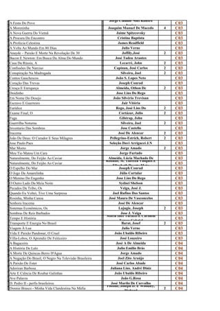 A                                                        J Jorge Claudio Noel Ribeiro
f
  A Festa Do Povo
                                                         o               Junior
                                                                                               C03
A                                                        J
M
  A Moreninha
                                                         o
                                                            Joaquim Manuel De Macedo       4   C03
A                                                        J
n
  A Nova Guerra Do Vietnã
                                                         a
                                                                  Jaime Spitzcovsky            C03
A                                                        C
P
  A Procura Do Encontro
                                                         R
                                                                   Cristine Baptista           C03
A                                                        J
p
  A Profecia Celestina
                                                         a
                                                                   James Readfield             C03
A                                                        J
V
  A Volta Ao Mundo Em 80 Dias
                                                         U
                                                                       Julio Verne             C03
A                                                        J
  Anayde – Paixão E Morte Na Revolução De 30                           Joffily,José        2   C03
n
B                                                        o
                                                         J
a
  Bacon E Newton: Em Busca Da Alma Do Mundo
                                                         o
                                                                 José Tadeu Arantes            C03
C                                                        L
a
  Casa Da Rússia, A
                                                         e
                                                                     Lecarré, John         2   C03
C                                                        C
o
  Confissões De Narciso
                                                         a
                                                                Capinan, José Carlos       2   C03
C                                                        S
o
  Conspiração Na Madrugada
                                                         i
                                                                      Silveira, Joel       2   C03
C                                                        J
O
  Contos Gauchescos
                                                         O
                                                                 João S. Lopes Neto            C03
C                                                        J
O
  Coração Das Trevas
                                                         O
                                                                    Joseph Conrad              C03
C                                                        A
r
  Cresça E Enriqueça
                                                         l
                                                                 Almeida, Othon De         2   C03
D                                                        J
O
  Doidinho
                                                         O
                                                                  Jose Lins Do Rego            C03
E                                                        J
m
  Em Nome Do Desejo
                                                         o
                                                               João Silvério Trevisan          C03
E                                                        J
s
  Escravo E Guerreiro
                                                         a
                                                                       Jair Vitória            C03
E                                                        R
u
  Eurídice
                                                         e
                                                                 Rego, José Lins Do        2   C03
E                                                        C
x
  Exame Final, O
                                                         o
                                                                    Cortázar, Julio        2   C03
F                                                        G
u
  Fuga
                                                         i
                                                                     Gilstrap, John            C03
G                                                        S
u
  Guerrilha Noturna
                                                         i
                                                                      Silveira, Joel       2   C03
I                                                        J
N
  Inventario Das Sombras
                                                         O
                                                                      Jose Castello            C03
I                                                        J
r
  Iracema
                                                         o
                                                                    José De Alencar        2   C03
J                                                        P
o
  João De Deus: O Curador E Seus Milagres
                                                         e
                                                             Pellegrino-Estrich, Robert    2   C03
J                                                        S
O
  Jose Paulo Paes
                                                         E
                                                             Seleção Davi Arrigucci J.N        C03
M                                                        J
A
  Mar Morto
                                                         O
                                                                     Jorge Amado           2   C03
M                                                        J
e
  Meu Tio Matou Um Cara
                                                         o
                                                                     Jorge Furtado             C03
N                                                        A
a
  Naturalmente, Do Feijão Ao Caviar                         Almeida, Lúcia Machado De
                                                         l Roballo, M. Thereza Vasques E
                                                                                               C03
N                                                        R
a
  Naturalmente, Do Feijão Ao Caviar
                                                         o     Elizabeth Duarte Mota
                                                                                               C03
O                                                        J
E
  O Espelho Do Mar
                                                         O
                                                                    Joseph Conrad              C03
O                                                        J
J
  O Jogo Da Amarelinha
                                                         Ú
                                                                     Júlio Cartalar            C03
O                                                        J
M
  O Menino Do Engenho
                                                         O
                                                                  Jose Lins Do Rego            C03
O                                                        S
o
  O Outro Lado Da Meia Noite
                                                         y
                                                                    Sydnei Shelson             C03
P                                                        V
e
  Pecados Da Tribo, Os
                                                         e
                                                                     Veiga, José J.            C03
Q                                                        J
u
  Quando Eu Voltei, Tive Uma Surpresa
                                                         o
                                                               Joel Rufino Dos Santos          C03
R                                                        J
o
  Rosinha, Minha Canoa
                                                         o
                                                            José Mauro De Vasconcelos          C03
S                                                        J
E
  Senhora Iracema
                                                         o
                                                                    José De Alencar            C03
S                                                        L
i
  Sistemas Econômicos, Os
                                                         a
                                                                    Lajugie, Joseph        2   C03
S                                                        J
O
  Sombras De Reis Barbados                                            Jose J. Veiga
                                                         O Maria Inez Turazzi E Carmem
                                                                                               C03
T                                                        M
e
  Tempo E História
                                                         a           Teresa Gabriel
                                                                                               C03
T                                                        B
r
  Transporte E Energia No Brasil
                                                         a
                                                                      Barat, Josef         2   C03
V                                                        J
i
  Viagem À Lua
                                                         u
                                                                       Julio Verne             C03
V                                                        J
i
  Vida E Paixão Pandonar, O Cruel
                                                         o
                                                                João Ubaldo Ribeiro            C03
V                                                        J
i
  Villa-Lobos, O Aprendiz De Feiticeiro
                                                         o
                                                                     José Louzeiro             C03
A                                                        J
b
  A Bagaceira
                                                         o
                                                                 José A De Almeida             C04
A                                                        J
h
  A História De Lalo
                                                         u
                                                                   Julio Emilio Brás           C04
A                                                        J
M
  A Morte De Quincas Berro D'Agua
                                                         o
                                                                     Jorge Amado               C04
A                                                        J
n
  A Negação Do Brasil, O Negro Na Televisão Brasileira
                                                         o
                                                                   Joel Zito Araújo            C04
A                                                        J
p
  A Paixão De Ester
                                                         o
                                                                  José Carlos Abade            C04
A                                                        J
d
  Adoriran Barbosa
                                                         u
                                                             Juliana Lins. André Diniz         C04
A                                                        J
r
  Arte E Ciência De Roubar Galinhas
                                                         o
                                                                João Ubaldo Ribeiro            C04
A                                                        J
v
  Ave Palavra
                                                         o
                                                                      João G.Rosa              C04
D                                                        J
.
  D. Pedro II - perfis brasileiros                            José Murilo De Carvalho
                                                         o Pistone, Joseph D. E Woodley,
                                                                                               C04
D                                                        P
o
  Donnie Brasco - Minha Vida Clandestina Na Máfia
                                                         i               Richard
                                                                                           2   C04
 