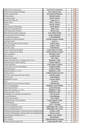 O                                                           J
m
  O Meu Pé De Laranja Lima
                                                            o
                                                                   José M. De Vasconcelos         C05
O                                                           J
m
  O Misterioso Homem De Macapá
                                                            o
                                                                      José Américo Lima           C05
O                                                           J
o
  O Outro Lado Da Ilha
                                                            o
                                                                    José Maviael Monteiro     2   C05
O                                                           J
P
  O Passaro Raro
                                                            D
                                                                       Jdstein Gaarder            C05
O                                                           J
t
  O Tronco Do Ipê
                                                            o
                                                                       José De Alencar            C05
P                                                           V
e
  Pecados Da Tribo, Os
                                                            e
                                                                         Veiga, José J.           C05
S                                                           J
a
  Sangue Fresco
                                                            o
                                                                       João C. Fonseca            C05
S                                                           J
e
  Senhora
                                                            o
                                                                       José De Alencar        2   C05
S                                                           J
O
  Sobre Homens E Montanhas
                                                            A
                                                                         Jan Krakauer             C05
V                                                           J
i
  Viagem Ao Centro Da Terra
                                                            u
                                                                          Julio Verne         2   C05
V                                                           S
o
  Você Nunca Será Um Deles
                                                            i
                                                                          Silveira, Joel      2   C05
4                                                           L
6
  46Th Strett O Caminho Americano
                                                            u
                                                                      Luiz Alberto Scotto         C06
A                                                           L
S
  A Salvação Que Vem Das Plantas
                                                            o
                                                                      Louise Sottomaior       3   C06
A                                                           L
v
  A Viagem Da Vingança
                                                            .
                                                                       L. Ron Hubbard             C06
A                                                           L
n
  Antologia Do Folclore Brasileiro
                                                            u
                                                                  Luis Da Camara Cascudo          C06
A                                                           L
n
  Antologia Poética
                                                            e
                                                                            Ledo Ivo              C06
B                                                           L
e
  Bebo Chá Enquanto Os Patos Grasnam
                                                            e
                                                                         Leida Lusmar             C06
C                                                           L
i
  Ciranda De Pedra
                                                            y
                                                                        Lygia F. Telles           C06
C                                                           L
l
  Clara Dos Anjos
                                                            i
                                                                         Lima Barreto         8   C06
C                                                           L
O
  Contos Tradicionais Do Brasil
                                                            U
                                                                    Luis Câmara Cascudo           C06
C                                                           L
o
  Contos Tradicionais Do Brasil
                                                            u
                                                                  Luis Da Câmara Cascudo          C06
D                                                           R
o
  Doce Companhia
                                                            e
                                                                       Restrepo, Laura        2   C06
G                                                           L
r
  Grãos Na Eira
                                                            e
                                                                        Lenilde Freitas           C06
H                                                           L
i
  Histórias De Família
                                                            u
                                                                           Luiz Vilela            C06
I                                                           H
n
  Inimigo Está Entre Nós, O - Missão Terra - Vol.3
                                                            u
                                                                       Hubbard, L. Ron        2   C06
J                                                           L
u
  Judas Iscariotes E Outras Histórias
                                                            e
                                                                       Leonid Andreiév            C06
L                                                           L
e
  Lendas Brasileiras
                                                            u
                                                                    Luis Câmara Cascudo       2   C06
N                                                           L
o
  Novelas Para Um Ano Dona Mimma
                                                            u
                                                                       Luigi Pirandello           C06
O                                                           L
h
  O Hospital Hostil
                                                            e
                                                                        Lemony Snicket            C06
O                                                           H
n
  Ondas Do Medo, As - Vol.5
                                                            u
                                                                       Hubbard, L. Ron        2   C06
O                                                           L
s
  Os Rios Turvos
                                                            u
                                                                  Luzilá Gonçalves Ferreira       C06
P                                                           L
A
  Para Tão Longe Amor Tão Curta A Vida
                                                            U
                                                                       Luis De Camões             C06
P                                                           S
é
  Pé De Guerra
                                                            o
                                                                         Sonia Robatto            C06
P                                                           L
U
  Punhalada No Escuro
                                                            A
                                                                        Laurence Block            C06
Q                                                           L
B
  Qbvii
                                                            e
                                                                           Leon Uris              C06
R                                                           L
E
  Recordações Do Escrivão Isaias Caminha
                                                            I
                                                                         Lima Barreto             C06
S                                                           M
e
  Sexo E Espiritualidade
                                                            e
                                                                   Meldman, Louis William     2   C06
S                                                           L
u
  Superstição No Brasil
                                                            e
                                                                       Levino Ponciano            C06
V                                                           H
i
  Viagem Da Vingança, A - Vol.7
                                                            u
                                                                       Hubbard, L. Ron            C06
V                                                           H
i
  Vitória Do Vilão - Vol. 9
                                                            u
                                                                       Hubbard, L. Ron        2   C06
Z                                                           A
é
  Zé Ramalho: Um Visionário No Século Xx
                                                            l
                                                                        Alves, Luciane        2   C06
A                                                           L
C
  A Cama (Romance)
                                                            Y
                                                                        Lygia Bujunga             C07
A                                                           L
M
  A Morte De Ivan Ilitch
                                                            e
                                                                          Leon Tolstoi            C07
A                                                           L
n
  Antologia Meus Contos Preferidos
                                                            y
                                                                    Lygia Fagundes Telles         C07
A                                                           L
s
  As Brududangas
                                                            i
                                                                         Lima Barreto             C07
A                                                           L
s
  As Noivas Do Grajaú
                                                            u
                                                                       Luis F. Veríssimo          C07
C                                                           S
o
  Como Você Pôde Fazer Isso?
                                                            c
                                                                   Schlessinger, Dra. Laura       C07
C                                                           S
o
  Como Você Pôde Fazer Isso?
                                                            c
                                                                   Schlessinger, Dra. Laura       C07
C                                                           F
o
  Confissões De Penumbra: A História De Uma Estranha Intimidade
                                                            o
                                                                        Fonseca, Lucia            C07
C                                                           F
o
  Confissões De Penumbra: A História De Uma Estranha Intimidade
                                                            o
                                                                        Fonseca, Lucia            C07
C                                                           A
o
  Cosmoaventura Do Mago Ork, A
                                                            g
                                                                     Aguiar, Luiz Antônio         C07
D                                                           D
a
  Daniel Defoe
                                                            a
                                                                         Daniel Defoce            C07
D                                                           L
O
  Doce Venenos
                                                            I
                                                                  Lidia Rosemberg Aratangy        C07
D                                                           L
u
  Durante Aquele Estranho Chá
                                                            y
                                                                    Lygia Fagundes Telles         C07
 