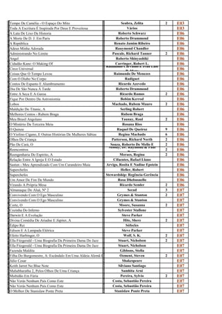 T                                                          S
e
  Tempo De Camélia - O Espaço Do Mito
                                                           e
                                                                       Seabra, Zelita          2   E03
T                                                          v
o
  Toda A Escritura É Inspirada Por Deus E Proveitosa
                                                           á
                                                                           Vários                  E03
A                                                          R
L
  A Lata De Lixo Da Historia
                                                           O
                                                                     Roberto Schwarz               E06
A                                                          R
m
  A Morte De D. J. Em Paris
                                                           o
                                                                   Roberto Drummond                E06
A                                                          R
R
  A República
                                                           e
                                                                  Renato Jamim Ribeiro             E06
A                                                          R
d
  Adeus Minha Adorada
                                                           a
                                                                   Rauymond Chandler               E06
A                                                          P
d
  Administrando No Limite
                                                           a
                                                                 Pascale, Richard Tanner       2   E06
A                                                          R
n
  Angel
                                                           o
                                                                   Roberto Shinyashiki             E06
C                                                          C
i
  Cidadão Kane: O Making Of                                        Carringer, Robert L.
                                                           a Raimundo Carvalho E Ivan Luís
                                                                                                   E06
C                                                          R
i
  Circo Universal
                                                           a              B. Mota
                                                                                                   E06
C                                                          R
O
  Coisas Que O Tempo Levou
                                                           A
                                                                  Raimundo De Menezes              E06
C                                                          R
o
  Com O Diabo No Corpo
                                                           a
                                                                          Radiguet                 E06
C                                                          R
o
  Contos De Espanto E Alumbramento
                                                           i
                                                                     Ricardo Azevedo               E06
D                                                          R
i
  Dia De São Nunca À Tarde
                                                           o
                                                                   Roberto Drummond                E06
E                                                          R
N
  Entre A Seca E A Garoa
                                                           I
                                                                      Ricardo Ramos            2   E06
F                                                          B
i
  Fique Por Dentro Da Astroniomia
                                                           o
                                                                      Bobim Kerrod                 E06
L                                                          M
o
  Lobos
                                                           a
                                                                 Machado, Rubem Mauro          2   E06
M                                                          S
a
  Maldição Do Titanic, A
                                                           e
                                                                      Serling Robert               E06
M                                                          R
E
  Melhores Contos - Rubem Braga
                                                           u
                                                                       Rubem Braga                 E06
M                                                          T
e
  Meu Brasil Angolano
                                                           a
                                                                       Taunay, Raul            2   E06
O                                                          R
m
  O Mistério Da Terceira Meia
                                                           o
                                                                        Rosana Rios                E06
O                                                          R
q
  O Quinze
                                                           a
                                                                    Raquel De Queiroz          9   E06
O                                                          R
v
  O Violino Cigano, E Outras Histórias De Mulheres Sábias
                                                           e
                                                                     Regina Machado            6   E06
O                                                          P
l
  Olhos De Criança
                                                           a
                                                                 Patterson, Richard North      2   E06
P                                                          S
ã
  Pão De Cará, O                                                Souza, Roberto De Mello E
                                                           o Moody, Dr. Raymond & Paul
                                                                                               2   E06
R                                                          M
e
  Reencontros
                                                           o               Perry
                                                                                               2   E06
R                                                          M
e
  Reengenharia Do Espírito, A
                                                           o
                                                                      Moraes, Regina           2   E06
R                                                          C
e
  Relação Entre A Igreja E O Estado
                                                           i
                                                                  Cifuentes, Rafael Llano          E06
S                                                          A
a
  Sastun - Meu Aprendizado Com Um Curandeiro Maia
                                                           r
                                                             Arvigo, Rosita E Nadine Epstein       E06
S                                                          H
u
  Superchefes
                                                           e
                                                                      Heller, Robert               E06
S                                                          S
u
  Superchefes
                                                           t
                                                             Stewardship: Regência-Gerência        E06
U                                                          R
m
  Um Amor De Fim De Mundo
                                                           o
                                                                     Rosa Dhebusnello              E06
V                                                          R
i
  Virando A Própria Mesa
                                                           i
                                                                      Ricardo Semler           2   E06
A                                                          S
l
  Almanaque Do Aluá, Nº 2
                                                           E
                                                                           Secad               3   E07
C                                                          G
o
  Convivendo Com O Ego Masculino
                                                           r
                                                                    Grymes & Stanton           2   E07
C                                                          G
o
  Convivendo Com O Ego Masculino
                                                           r
                                                                    Grymes & Stanton               E07
C                                                          M
o
  Corte, O
                                                           o
                                                                      Moore, Susanna           2   E07
C                                                          S
o
  Cozinha Do Inferno
                                                           y
                                                                     Sylvester Stallone            E07
D                                                          S
a
  Darwin E A Evolução
                                                           t
                                                                       Steve Parker                E07
D                                                          H
i
  Divina Comédia De Ariadne E Júpiter, A
                                                           i
                                                                         Hite, Shere           2   E07
É                                                          S
d
  Édipo Rei
                                                           ó
                                                                          Sófocles                 E07
E                                                          S
d
  Edison E A Lampada Elétrica
                                                           t
                                                                       Steve Parker                E07
E                                                          W
f
  Efeito Harbinger, O
                                                           o
                                                                         Wolf, S. K.           2   E07
E                                                          S
l
  Ella Fitzgerald - Uma Biografia Da Primeira Dama Do Jazz
                                                           t
                                                                     Stuart, Nicholson         2   E07
E                                                          S
l
  Ella Fitzgerald - Uma Biografia Da Primeira Dama Do Jazz
                                                           t
                                                                     Stuart, Nicholson             E07
F                                                          G
a
  Fazenda Maldita
                                                           i
                                                                      Gibbons, Stella              E07
F                                                          O
i
  Filha Do Burgomestre, A: Escândalo Em Uma Aldeia Alemã Do Século Xvi
                                                           z
                                                                      Ozment, Steven           2   E07
J                                                          S
ú
  Júlio Cesar
                                                           h
                                                                        Shakespeare                E07
K                                                          S
E
  Keith Jarret No Blue Note
                                                           I
                                                                     Silviano Santiago             E07
M                                                          S
a
  Mahabharatha 2, Pelos Olhos De Uma Criança
                                                           a
                                                                       Samhita Arni                E07
M                                                          P
u
  Multidão Em Fúria
                                                           e
                                                                      Pereira, Sylvio          2   E07
N                                                          C
ã
  Não Verás Nenhum País Como Este
                                                           o
                                                                 Costa, Sebastião Pereira          E07
N                                                          C
ã
  Não Verás Nenhum País Como Este
                                                           o
                                                                 Costa, Sebastião Pereira          E07
O                                                          S
m
  O Melhor De Stanislaw Ponte Preta
                                                           t
                                                                  Stanislaw Ponte Preta            E07
 