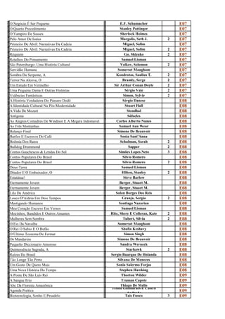 O                                                        E
n
  O Negócio É Ser Pequeno
                                                         .
                                                                 E.F. Schumacher              E07
O                                                        S
Q
  O Quarto Procedimento
                                                         t
                                                                 Stanley Pottinger            E07
O                                                        S
v
  O Vampiro De Sussex
                                                         h
                                                                  Sherlock Holmes             E07
P                                                        M
e
  Pelo Amor De Isaías
                                                         a
                                                                 Margolis, Seth J.        2   E07
P                                                        M
r
  Primeiro De Abril: Narrativas Da Cadeia
                                                         i
                                                                    Miguel, Salim             E07
P                                                        M
r
  Primeiro De Abril: Narrativas Da Cadeia
                                                         i
                                                                    Miguel, Salim         2   E07
R                                                        G
é
  Réquiem
                                                         o
                                                                     Go, Shizuko          2   E07
R                                                        S
e
  Retalhos Do Pensamento
                                                         a
                                                                   Samuel Lisman              E07
S                                                        V
ã
  São Petersburgo: Uma História Cultural
                                                         o
                                                                 Volkov, Solomon          2   E07
S                                                        S
e
  Servidão Humana
                                                         o
                                                               Somerset Maugham               E07
s                                                        K
o
  Sombra Da Serpente, A
                                                         o
                                                              Kondrotas, Saulius T.       2   E07
t                                                        B
e
  Terror Na Alcova, O
                                                         r
                                                                   Bramly, Serge          2   E07
U                                                        S
m
  Um Estudo Em Vermelho
                                                         i
                                                             Sir Arthur Conan Doyle       2   E07
U                                                        S
m
  Uma Pequena Dama E Outras Histórias
                                                         é
                                                                     Sérgio Vale          2   E07
V                                                        S
i
  Vidências Fantásticas
                                                         i
                                                                    Simon, Sylvie         2   E07
A                                                        S
h
  A História Verdadeira Do Pássaro Dodô
                                                         é
                                                                    Sérgio Danese             E08
A                                                        s
i
  A Identidade Cultural Na Pós-Modernidade
                                                         t
                                                                     Stuart Hall              E08
A                                                        S
v
  A Vida De Mozart
                                                         t
                                                                       Stendhal               E08
A                                                        S
n
  Antígona
                                                         ó
                                                                       Sófocles               E08
A                                                        C
S
  As Alegres Comadres De Windisor E A Megera Indomavel
                                                         A
                                                              Carlos Alberto Nunes            E08
A                                                        S
s
  As Três Montanhas
                                                         a
                                                                 Samael Aun Weor              E08
B                                                        S
a
  Balanço Final
                                                         i
                                                               Simone De Beauvoir             E08
B                                                        S
a
  Barões E Escravos Do Café
                                                         o
                                                                  Sonia Sant'Anna             E08
B                                                        S
o
  Boêmia Dos Ratos
                                                         c
                                                                 Schulman, Sarah          2   E08
B                                                        S
u
  Bulldog Drummond
                                                         a
                                                                        Sapper            2   E08
C                                                        S
o
  Contos Gauchescos & Lendas Do Sul
                                                         i
                                                                Simões Lopes Neto         3   E08
C                                                        S
o
  Contos Populares Do Brasil
                                                         i
                                                                    Silvio Romero             E08
C                                                        S
o
  Contos Populares Do Brasil
                                                         i
                                                                    Silvio Romero         2   E08
D                                                        S
e
  Deus-Terra
                                                         a
                                                                   Samuel Lisman              E08
D                                                        H
i
  Ditador E O Embaixador, O
                                                         i
                                                                   Hilton, Stanley        2   E08
E                                                        S
s
  Estatátua!
                                                         t
                                                                    Steve Barlow              E08
E                                                        B
t
  Eternamente Jovem
                                                         e
                                                                 Berger, Stuart M.            E08
E                                                        B
t
  Eternamente Jovem
                                                         e
                                                                 Berger, Stuart M.            E08
L                                                        S
i
  Lila Da América
                                                         o
                                                              Solan Borges Dos Reis           E08
L                                                        G
o
  Louco D'Aldeia Em Dois Tempos
                                                         r
                                                                   Granja, Sergio         2   E08
M                                                        S
a
  Mastigando Humanos
                                                         a
                                                                Santiago Nazarian             E08
M                                                        S
e
  Meu Coração Escreve Em Versos
                                                         a
                                                                   Samuel Lisman              E08
M                                                        H
o
  Mocinhos, Bandidos E Outros Amantes
                                                         i
                                                           Hite, Shere E Colleran, Kate   2   E08
M                                                        T
u
  Mulheres Sem Sombra
                                                         u
                                                                    Tubert, Silvia        2   E08
O                                                        S
F
  O Fio Da Navalha
                                                         o
                                                               Somerset Maugham               E08
O                                                        S
R
  O Rei O Sabio E O Bufão
                                                         H
                                                                   Shafia Keshavy             E08
O                                                        S
ú
  O Último Teorema De Fermat
                                                         i
                                                                     Simon Singh              E08
O                                                        S
s
  Os Mandarins
                                                         i
                                                               Simone De Beauvoir             E08
P                                                        S
E
  Pequeño Diccionario Amoroso
                                                         A
                                                                  Sandra Werneck              E08
Q                                                        S
u
  Quintessência Sagrada, A
                                                         t
                                                                      Starhawk            2   E08
R                                                        S
a
  Raízes Do Brasil
                                                         e
                                                           Sergio Buarque De Holanda          E08
T                                                        S
ã
  Tão Longe Tão Perto
                                                         i
                                                               Silvana De Menezes             E08
U                                                        S
M
  Um Gosto De Quero Mais
                                                         O
                                                              Sonia Salermo Forjas            E08
U                                                        S
m
  Uma Nova História Do Tempo
                                                         t
                                                                 Stephen Hawking              E08
A                                                        T
p
  A Ponte De São Luís Rei
                                                         h
                                                                  Thorton Wilder              E09
A                                                        T
S
  A Sangue Frio
                                                         r
                                                                  Truman Capote               E09
A                                                        T
b
  Abc Da Floresta Amazônica                                       Thiago De Mello
                                                         h Telma Guimarães E Castro
                                                                                              E09
A                                                        T
g
  Agenda Poética
                                                         e             Andrade
                                                                                              E09
B                                                        T
i
  Biotecnologia, Sonho E Pesadelo
                                                         a
                                                                      Taís Fuoco          3   E09
 