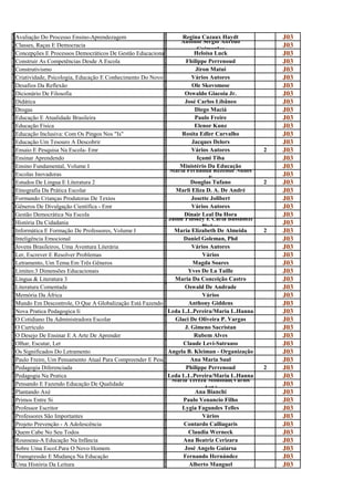A                                                           R
v
  Avaliação Do Processo Ensino-Aprendezagem
                                                            e
                                                                   Regina Cazaux Haydt              J03
C                                                           A     Antonio Sérgio Alfredo
l
  Classes, Raças E Democracia
                                                            n            Guimarães
                                                                                                    J03
C                                                           H
o
  Concepções E Processos Democráticos De Gestão Educacional
                                                            e
                                                                        Heloisa Luck                J03
C                                                           F
o
  Construir As Competências Desde A Escola
                                                            h
                                                                    Fhilippe Perrenoud              J03
C                                                           J
o
  Construtivismo
                                                            i
                                                                        Jiron Matui                 J03
C                                                           V
r
  Criatividade, Psicologia, Educação E Conhecimento Do Novo
                                                            á
                                                                       Vários Autores               J03
D                                                           O
e
  Desafios Da Reflexão
                                                            l
                                                                       Ole Skovsmose                J03
D                                                           O
i
  Dicionário De Filosofia
                                                            s
                                                                    Oswaldo Giacoia Jr.             J03
D                                                           J
i
  Didática
                                                            o
                                                                    José Carlos Libâneo             J03
D                                                           D
r
  Drogas
                                                            i
                                                                        Diego Maciá                 J03
E                                                           P
d
  Educação E Atualidade Brasileira
                                                            a
                                                                        Paulo Freire                J03
E                                                           E
d
  Educação Física
                                                            l
                                                                        Elenor Kunz                 J03
E                                                           R
d
  Educação Inclusiva: Com Os Pingos Nos "Is"
                                                            o
                                                                   Rosita Edler Carvalho            J03
E                                                           J
d
  Educação Um Tesouro A Descobrir
                                                            a
                                                                       Jacques Delors               J03
E                                                           V
n
  Ensaio E Pesquisa Na Escola- Emr
                                                            á
                                                                       Vários Autores           2   J03
E                                                           I
n
  Ensinar Aprendendo
                                                            ç
                                                                         Içami Tiba                 J03
E                                                           M
n
  Ensino Fundamental, Volume I                                    Ministério Da Educação
                                                            i Maria Fernanda Rezende Nunes
                                                                                                    J03
E                                                           M
s
  Escolas Inovadoras
                                                            a                 E
                                                                                                    J03
E                                                           D
s
  Estudos De Lingua E Literatura 2
                                                            o
                                                                       Douglas Tufano           2   J03
E                                                           M
t
  Etnografia Da Prática Escolar
                                                            a
                                                                 Marli Eliza D. A. De André         J03
F                                                           J
o
  Formando Crianças Produtoras De Textos
                                                            o
                                                                       Josette Jolibert             J03
G                                                           V
ê
  Gêneros De Divulgação Científica - Emr
                                                            á
                                                                       Vários Autores               J03
G                                                           D
e
  Gestão Democrática Na Escola                                      Dinair Leal Da Hora
                                                            i Jaime Pinskey E Carla Bassanezi
                                                                                                    J03
H                                                           J
i
  História Da Cidadania
                                                            a              Pinkey
                                                                                                    J03
I                                                           M
n
  Informática E Formação De Professores, Volume I
                                                            a
                                                                Maria Elizabeth De Almeida      2   J03
I                                                           D
n
  Inteligência Emocional
                                                            a
                                                                   Daniel Goleman, Phd              J03
J                                                           V
o
  Jovens Brasileiros, Uma Aventura Literária
                                                            á
                                                                       Vários Autores               J03
L                                                           V
e
  Ler, Escrever E Resolver Problemas
                                                            á
                                                                           Vários                   J03
L                                                           M
e
  Letramento, Um Tema Em Três Gêneros
                                                            a
                                                                       Magda Soares                 J03
L                                                           Y
i
  Limites:3 Dimensões Educacionais
                                                            v
                                                                     Yves De La Taille              J03
L                                                           M
í
  Língua & Literatura 3
                                                            a
                                                                Maria Da Conceição Castro           J03
L                                                           O
i
  Literatura Comentada
                                                            s
                                                                    Oswald De Andrade               J03
M                                                           V
e
  Memória Da África
                                                            á
                                                                           Vários                   J03
M                                                           A
u
  Mundo Em Descontrole, O Que A Globalização Está Fazendo De Nós Anthony Giddens
                                                            n
                                                                                                    J03
N                                                           L
o
  Nova Pratica Pedagogica Ii
                                                            e
                                                              Leda L.L.Pereira/Maria L.Hanna        J03
O                                                           G
c
  O Cotidiano Da Administradora Escolar
                                                            l
                                                                Glaci De Oliveira P. Vargas         J03
O                                                           J
c
  O Currículo
                                                            .
                                                                    J. Gimeno Sacristan             J03
O                                                           R
d
  O Desejo De Ensinar E A Arte De Aprender
                                                            u
                                                                        Rubem Alves                 J03
O                                                           C
l
  Olhar, Escutar, Ler
                                                            l
                                                                   Claude Levi-Satrauss             J03
O                                                           A
s
  Os Significados Do Letramento
                                                            n
                                                              Angela B. Kleiman - Organização       J03
P                                                           A
a
                                                                      Ana Maria Saul
  Paulo Freire, Um Pensamento Atual Para Compreender E Pesquisar Questões Do Nosso Tempo
                                                            n
                                                                                                    J03
P                                                           P
e
  Pedagogia Diferenciada
                                                            h
                                                                    Philippe Perrenoud          2   J03
P                                                           L
e
  Pedagogia Na Pratica                                        Leda L.L.Pereira/Maria L.Hanna
                                                            e Maria Tereza Montoan(Vários
                                                                                                    J03
P                                                           M
e
  Pensando E Fazendo Educação De Qualidade
                                                            a               Aut.)
                                                                                                    J03
P                                                           A
l
  Plantando Axé
                                                            n
                                                                        Ana Bianchi                 J03
P                                                           P
r
  Primos Entre Si
                                                            a
                                                                   Paulo Venancio Filho             J03
P                                                           L
r
  Professor Escritor
                                                            y
                                                                   Lygia Fagundes Telles            J03
P                                                           V
r
  Professores São Importantes
                                                            á
                                                                           Vários                   J03
P                                                           C
r
  Projeto Prevenção - A Adolescência
                                                            o
                                                                   Contardo Calliagaris             J03
Q                                                           C
u
  Quem Cabe No Seu Todos
                                                            l
                                                                     Claudia Werneck                J03
R                                                           A
o
  Rousseau-A Educação Na Infância
                                                            n
                                                                   Ana Beatriz Cerizara             J03
S                                                           J
o
  Sobre Uma Escol.Para O Novo Homem
                                                            o
                                                                    José Angelo Gaiarsa             J03
T                                                           F
r
  Transgressão E Mudança Na Educação
                                                            e
                                                                   Fernando Hernández               J03
U                                                           A
m
  Uma História Da Leitura
                                                            l
                                                                      Alberto Manguel               J03
 