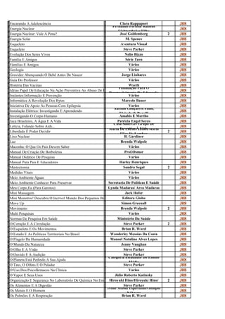 E                                                          C
n
  Encarando A Adolescência
                                                           l
                                                                     Clara Rappaport                J08
E                                                          F Fernando Portela/ Rubens
n
  Energia Nuclear
                                                           e        Lichtenthaler Filho
                                                                                                    J08
E                                                          J
n
  Energia Nuclear: Vale A Pena?
                                                           o
                                                                     José Goldemberg            2   J08
E                                                          M
n
  Energia Solar
                                                           .
                                                                         M. Spence                  J08
E                                                          a
s
  Esqueleto
                                                           v
                                                                      Aventura Visual               J08
E                                                          S
s
  Esqueleto
                                                           t
                                                                        Steve Parker                J08
E                                                          N
v
  Evolução Dos Seres Vivos
                                                           e
                                                                         Nelio Bizzo                J08
F                                                          s
a
  Família E Amigos
                                                           é
                                                                         Série Teen                 J08
F                                                          V
á
  Fámilias E Amigos
                                                           á
                                                                           Vários                   J08
G                                                          V
e
  Geologia
                                                           á
                                                                           Vários                   J08
G                                                          J
r
  Gravidez Abençoando O Bebê Antes De Nascer
                                                           o
                                                                      Jorge Linhares                J08
G                                                          V
u
  Guia Do Professor
                                                           á
                                                                           Vários                   J08
H                                                          W
i
  História Das Vacinas
                                                           y
                                                                           Wyeth                    J08
I                                                          F        Funadação Para O
d
  Idéias Papel De Educação Na Ação Preventiva Ao Abuso De Drogas E Às Dst/Aids
                                                           u Desenvolvimento Da Educação
                                                                                                    J08
I                                                          V
n
  Inalantes:Informação E Prevenção
                                                           á
                                                                           Vários                   J08
I                                                          M
n
  Informática A Revolução Dos Bytes
                                                           a
                                                                      Marcelo Bauer                 J08
I                                                          V
n
  Iniciativa De Apoio Às Pessoas Com Epilepsia
                                                           a
                                                                           Varios                   J08
I                                                          A     Aurélio Gonçalves Filho,
n
  Instalação Elétrica: Investigando E Aprendendo
                                                           u        Eleizabeth Barolli
                                                                                                    J08
I                                                          A
n
  Investigando O Corpo Humano
                                                           m
                                                                    Amabis E Mertho                 J08
J                                                          P
u
  Juca Brasileiro, A Água E A Vida
                                                           a
                                                                   Patricia Engel Secco             J08
L                                                          C     Casa Siloé/Giv Grupo De
e
  Letícia, Falando Sobre Aids...
                                                           a Maria De LurdesÀ Vida
                                                                     Incentivo Zemel/Maria
                                                                                                    J08
L                                                          M
i
  Liberdade É Poder Decidir
                                                           a         Eliza De Lamboy
                                                                                                2   J08
L                                                          B
i
  Lixo Nuclear
                                                           .
                                                                        B. Gardiner                 J08
L                                                          B
u
  Luz
                                                           r
                                                                      Brenda Walpole                J08
M                                                          V
a
  Maconha: O Que Os Pais Devem Saber
                                                           á
                                                                           Vários                   J08
M                                                          P
a
  Manual De Criação De Borboletas
                                                           r
                                                                        Prof.Osmar                  J08
M                                                          V
a
  Manual Didático De Pesquisa
                                                           a
                                                                           Varios                   J08
M                                                          H
a
  Manual Para Pais E Educadores
                                                           a
                                                                     Harley Henriques               J08
M                                                          S
a
  Mastectomia
                                                           a
                                                                       Sandra Segal             2   J08
M                                                          V
e
  Medidas Vitais
                                                           á
                                                                           Vários                   J08
M                                                          V
e
  Meio Ambiente Águas
                                                           á
                                                                           Vários                   J08
M                                                          S
e
  Meio Ambiente Conhecer Para Preservar
                                                           e
                                                              Secretaria De Políticas E Saúde       J08
M                                                          L
e
  Meu Corpo,Eu (Para Garotos)
                                                           y
                                                             Lynda Madaras/ Area Madaras            J08
M                                                          J
i
  Mini Massagem
                                                           a
                                                                         Jack Hofer                 J08
M                                                          E
i
  Mini Monstros! Descubra O Incrível Mundo Dos Pequenos Bichos
                                                           d
                                                                       Editora Globo                J08
M                                                          S
o
  Move Up
                                                           i
                                                                      Simon Greenall                J08
M                                                          B
o
  Movimento
                                                           r
                                                                      Brenda Walpole            2   J08
M                                                          v
u
  Multi Pesquisas
                                                           a
                                                                           Varios                   J08
N                                                          M
o
  Normas De Pesquisa Em Saúde
                                                           i
                                                                   Ministério Da Saúde              J08
O                                                          S
c
  O Coração E A Circulação
                                                           t
                                                                        Steve Parker            2   J08
O                                                          B
e
  O Esqueleto E Os Movimentos
                                                           r
                                                                      Brian R. Ward                 J08
O                                                          W
e
  O Estado E As Políticas Territoriais No Brasil
                                                           a
                                                               Wanderley Messias Da Costa           J08
O                                                          M
f
  O Flagelo Da Humanidade
                                                           a
                                                               Manoel Natalino Alves Lopes          J08
O                                                          J
M
  O Mundo Da Natureza
                                                           e
                                                                      Jenny Vaughan                 J08
O                                                          S
O
  O Olho E A Visão
                                                           t
                                                                        Steve Parker                J08
                                                           S
O
  O Ouvido E A Audição                                                  Steve Parker
                                                           t Categoria Estudante Do Ensino
                                                                                                    J08
                                                           C
p
  O Planeta Está Pedindo A Sua Ajuda
                                                           a               Médio
                                                                                                    J08
O                                                          S
t
  O Tato, O Olfato E O Paladar
                                                           t
                                                                        Steve Parker                J08
O                                                          V
U
  O Uso Dos Psicofármacos Na Clínica
                                                           a
                                                                           Varios                   J08
O                                                          J
v
  O Vapor E Seus Usos
                                                           ú
                                                                  Júlio Roberto Katinsky            J08
O                                                          H
r
  Organização E Segurança No Laboratório De Química No Ensino Hiroyuki Hino/Hiroyuki Hino/
                                                           i
                                                               Médio                            2   J08
O                                                          S
s
  Os Alimentos E A Digestão                                             Steve Parker
                                                           t Ivone Mussa Esperidião/Olímpio
                                                                                                    J08
O                                                          I
s
  Os Metais E O Homem
                                                           v              Nóbrega
                                                                                                    J08
O                                                          B
s
  Os Pulmões E A Respiração
                                                           r
                                                                      Brian R. Ward                 J08
 