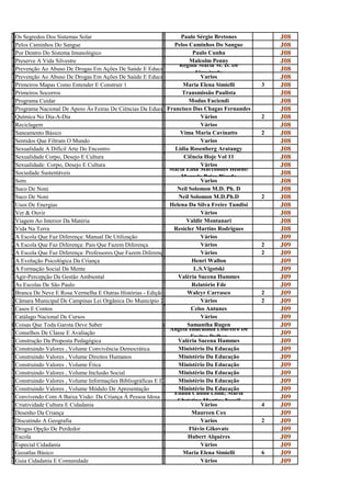 O                                                            P
s
  Os Segredos Dos Sistemas Solar
                                                             a
                                                                    Paulo Sérgio Bretones            J08
P                                                            P
e
  Pelos Caminhos Do Sangue
                                                             e
                                                                 Pelos Caminhos Do Sangue            J08
P                                                            P
o
  Por Dentro Do Sistema Imunológico
                                                             a
                                                                         Paulo Cunha                 J08
P                                                            M
r
  Preserve A Vida Silvestre
                                                             a
                                                                       Malcolm Penny                 J08
P                                                            R     Regina Maria M. D. De
r
  Prevenção Ao Abuso De Drogas Em Ações De Saúde E Educação
                                                             e            Figueiredo
                                                                                                     J08
P                                                            V
r
  Prevenção Ao Abuso De Drogas Em Ações De Saúde E Educação
                                                             a
                                                                            Varios                   J08
P                                                            M
r
  Primeiros Mapas Como Entender E Construir 1
                                                             a
                                                                     Maria Elena Simielli        3   J08
P                                                            T
r
  Primeiros Socorros
                                                             r
                                                                    Transmissão Paulista             J08
P                                                            M
r
  Programa Cuidar
                                                             o
                                                                       Modus Faciendi                J08
P                                                            F
r
  Programa Nacional De Apoio Ás Feiras De Ciências Da Educção Básica Da Fenacebe Fernandes
                                                             r
                                                               Francisco Das Chagas                  J08
Q                                                            V
u
  Química No Dia-A-Dia
                                                             á
                                                                            Vários               2   J08
R                                                            V
e
  Reciclagem
                                                             á
                                                                            Vários                   J08
S                                                            V
a
  Saneamento Básico
                                                             i
                                                                    Vima Maria Cavinatto         2   J08
S                                                            V
e
  Sentidos Que Filtram O Mundo
                                                             a
                                                                            Varios                   J08
S                                                            L
e
  Sexualidade A Difícil Arte Do Encontro
                                                             i
                                                                  Lidia Rosenberg Aratangy           J08
S                                                            C
e
  Sexualidade Corpo, Desejo E Cultura
                                                             i
                                                                     Ciência Hoje Vol 11             J08
S                                                            V
e
  Sexualidade: Corpo, Desejo E Cultura                                      Vários
                                                             á Maria Elisa Marcondes Helene/
                                                                                                     J08
S                                                            M
o
  Sociedade Sustentáveis
                                                             a      Marcelo Briza Bicudo
                                                                                                     J08
S                                                            V
o
  Som
                                                             a
                                                                            Varios                   J08
S                                                            N
u
  Suco De Noni
                                                             e
                                                                  Neil Solomon M.D. Ph. D            J08
S                                                            N
u
  Suco De Noni
                                                             e
                                                                   Neil Solomon M.D.Ph.D         2   J08
U                                                            H
s
  Usos De Energias
                                                             e
                                                                Helena Da Silva Freire Tundisi       J08
V                                                            V
e
  Ver & Ouvir
                                                             á
                                                                            Vários                   J08
V                                                            V
i
  Viagem Ao Interior Da Matéria
                                                             a
                                                                      Valdir Montanari               J08
V                                                            R
i
  Vida Na Terra
                                                             e
                                                                 Resicler Martins Rodrigues          J08
A                                                            V
E
  A Escola Que Faz Diferença: Manual De Utilização
                                                             á
                                                                            Vários                   J09
A                                                            V
E
  A Escola Que Faz Diferença: Pais Que Fazem Diferença
                                                             á
                                                                            Vários               2   J09
A                                                            V
E
  A Escola Que Faz Diferença: Professores Que Fazem Diferença
                                                             á
                                                                            Vários               2   J09
A                                                            H
e
  A Evolução Psicológica Da Criança
                                                             e
                                                                        Henri Wallon                 J09
A                                                            L
f
  A Formação Social Da Mente
                                                             .
                                                                         L.S.Vigotski                J09
A                                                            V
g
  Agir-Percepção Da Gestão Ambiental
                                                             a
                                                                   Valéria Sucena Hammes             J09
A                                                            R
s
  As Escolas De São Paulo
                                                             e
                                                                        Relatório Fde                J09
B                                                            W
r
  Branca De Neve E Rosa Vermelha E Outras Histórias - Edição Em Braille
                                                             a
                                                                       Walcyr Carrasco           2   J09
C                                                            V
â
  Câmara Municipal De Campinas Lei Orgânica Do Municipio 2003
                                                             á
                                                                            Vários               2   J09
C                                                            C
a
  Casos E Contos
                                                             e
                                                                        Celso Antunes                J09
C                                                            v
a
  Catálago Nacional De Cursos
                                                             á
                                                                            Vários                   J09
Coisas que toda garota deve saber
  Coisas Que Toda Garota Deve Saber                  Samantha Rugen Samantha Rugen                   J09
C                                                            A Angela Imaculada Loureiro De
o
  Conselhos De Classe E Avaliação
                                                             n          Freitas Dalben
                                                                                                     J09
C                                                            V
o
  Construção Da Proposta Pedagógica
                                                             a
                                                                   Valéria Sucena Hammes             J09
C                                                            M
o
  Construindo Valores , Volume Convivência Democrática
                                                             i
                                                                   Ministério Da Educação            J09
C                                                            M
o
  Construindo Valores , Volume Direitos Humanos
                                                             i
                                                                   Ministério Da Educação            J09
C                                                            M
o
  Construindo Valores , Volume Ética
                                                             i
                                                                   Ministério Da Educação            J09
C                                                            M
o
  Construindo Valores , Volume Inclusão Social
                                                             i
                                                                   Ministério Da Educação            J09
C                                                            M
o
                                                                   Ministério Da Educação
  Construindo Valores , Volume Informações Bibliográficas E Documentais
                                                             i
                                                                                                     J09
C                                                            M
o
  Construindo Valores , Volume Módulo De Apresentação
                                                             i
                                                                   Ministério Da Educação            J09
C                                                            E Eliana Cunha Lima; Maria
o
  Convivendo Com A Baixa Visão: Da Criança À Pessoa Idosa
                                                             l     Christina Martins Nassif
                                                                                                     J09
C                                                            V
r
  Criatividade Cultura E Cidadania
                                                             á
                                                                            Vários               4   J09
D                                                            M
e
  Desenho Da Criança
                                                             a
                                                                        Maureen Cox                  J09
D                                                            V
i
  Discutindo A Geografia
                                                             a
                                                                            Varios               2   J09
D                                                            F
r
  Drogas Opção De Perdedor
                                                             l
                                                                       Flávio Gikovate               J09
E                                                            H
s
  Escola
                                                             u
                                                                       Hubert Alquéres               J09
E                                                            V
s
  Especial Cidadania
                                                             á
                                                                            Vários                   J09
G                                                            M
e
  Geoatlas Básico
                                                             a
                                                                     Maria Elena Simielli        6   J09
G                                                            V
u
  Guia Cidadania E Comunidade
                                                             á
                                                                            Vários                   J09
 