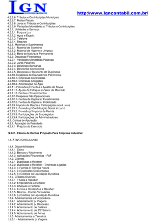 http://www.lgncontabil.com.br/
4.2.6.6. Tributos e Contribuições Municipais
4.2.6.7. Multas Fiscais
4.2.6.8. Juros s/ Tributos e Contribuições
4.2.6.9. Variações Monetárias s/ Tributos e Contribuições
4.2.7. Utilidades e Serviços
4.2.7.1. Força e Luz
4.2.7.2. Água e Esgoto
4.2.7.3. Telefone
4.2.7.4. Seguros
4.2.8. Materiais e Suprimentos
4.2.8.1. Material de Escritório
4.2.8.2. Material de Higiene e Limpeza
4.2.8.3. Bens de Natureza Permanente
4.2.9. Despesas Financeiras
4.2.9.1. Variações Monetárias Passivas
4.2.9.2. Juros Passivos
4.2.9.3. Despesas Bancárias
4.2.9.4. Descontos Concedidos
4.2.9.5. Despesas c/ Desconto de Duplicatas
4.2.10. Despesas de Equivalência Patrimonial
4.2.10.1. Empresas Controladas
4.2.10.2. Empresas Coligadas
4.2.10.3. Amortização de Ágio
4.2.11. Provisões p/ Perdas e Ajustes de Ativos
4.2.11.1. Ajuste de Estoque ao Valor de Mercado
4.2.11.2. Perdas c/ Investimentos
4.2.12. Despesas Não Operacionais
4.2.12.1. Perdas de Capital c/ Investimentos
4.2.12.2. Perdas de Capital c/ Imobilizado
4.2.13. Imposto de Renda e Participações nos Lucros
4.2.13.1. Provisão p/ Contribuição Social s/ Lucro
4.2.13.2. Provisão p/ Imposto de Renda
4.2.13.3. Participações de Empregados
4.2.13.4. Participações de Administradores
4.3. Contas de Apuração
4.3.1. Apuração do Resultado
4.3.1.1. Prejuízo do Exercício

12.6.2 - Elenco de Contas Proposto Para Empresa Industrial

1.1. ATIVO CIRCULANTE

1.1.1. Disponibilidades
1.1.1.1. Caixa
1.1.1.2. Bancos c/ Movimento
1.1.1.3. Aplicações Financeiras - FAF
1.1.2. Clientes
1.1.2.1. Duplicatas a Receber
1.1.2.2. Duplicatas a Receber - Empresas Ligadas
1.1.2.3. (-) Venda p/ Entrega Futura
1.1.2.4. (-) Duplicatas Descontadas
1.1.2.5. (-) Créditos de Liquidação Duvidosa
1.1.3. Créditos Diversos
1.1.3.1. Títulos a Receber
1.1.3.2. Empréstimos a Receber
1.1.3.3. Cheques a Receber
1.1.3.4. Lucros e Dividendos a Receber
1.1.3.5. Bancos - Contas Vinculadas
1.1.3.6. (-) Créditos de Liquidação Duvidosa
1.1.4. Adiantamentos a Funcionários
1.1.4.1. Adiantamento p/ Viagens
1.1.4.2. Adiantamento p/ Despesas
1.1.4.3. Adiantamento de Salários
1.1.4.4. Adiantamento de 13º Salário
1.1.4.5. Adiantamento de Férias
1.1.5. Adiantamentos a Terceiros
1.1.5.1 - Adiantamento p/ Viagens
 